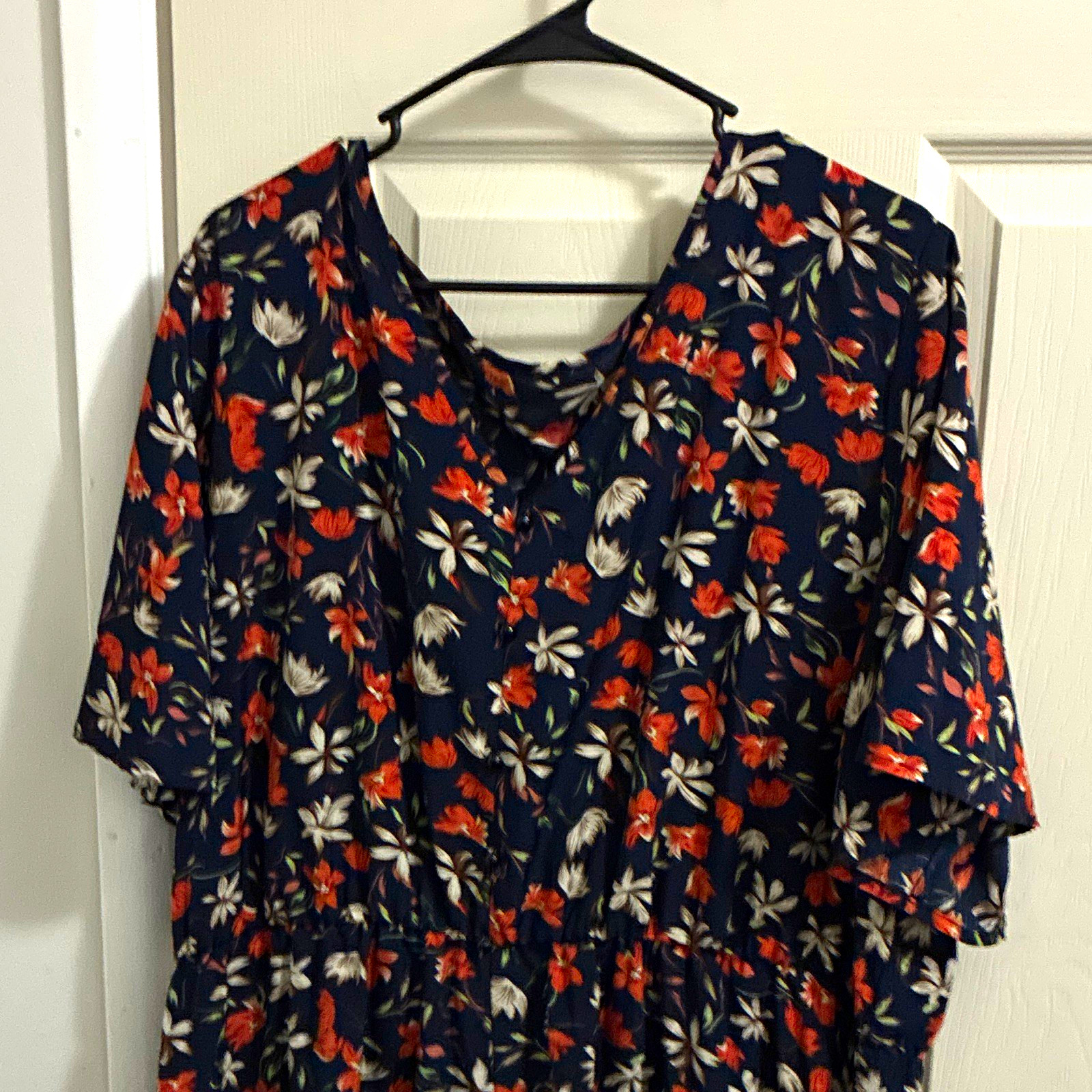 SHEIN Curve 5XL Navy Floral V-Neck Flutter Sleeve Midi A-Line Button Dress