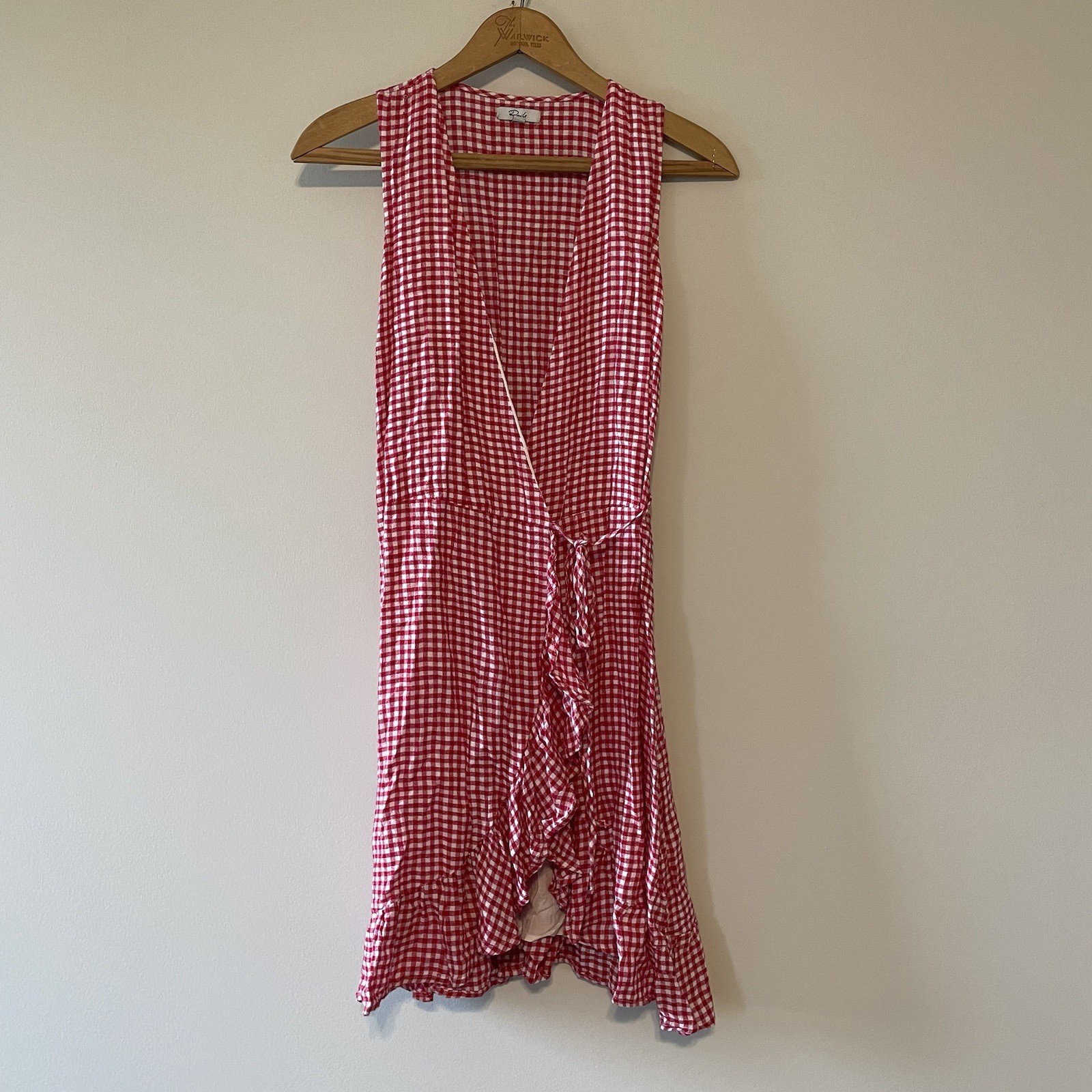 Rails Madison Red White Gingham Ruffle Wrap Dress Size Small Sleeveless Mini