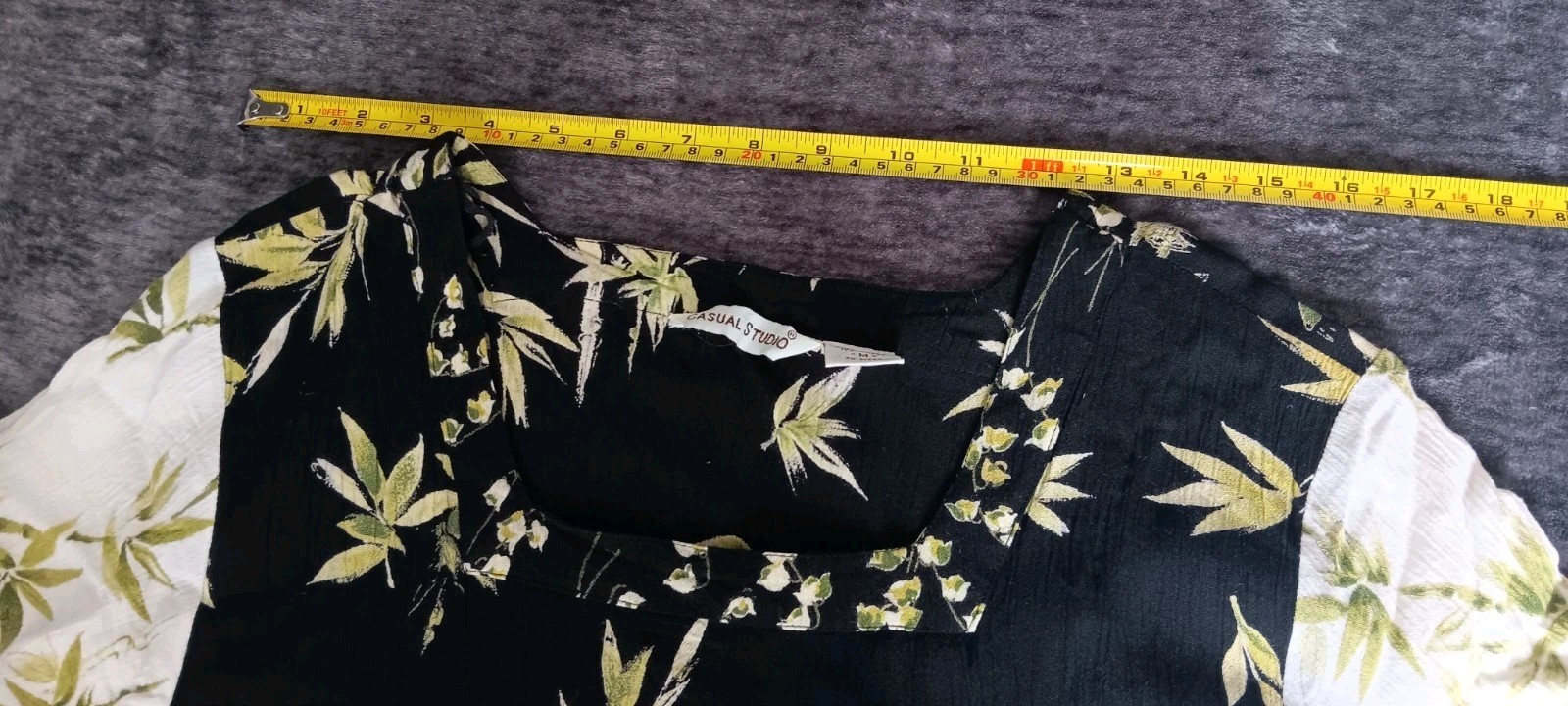 Vintage CASUAL STUDIO Black/GreenFloral Linen Dress Square Neck Short Sleeve M