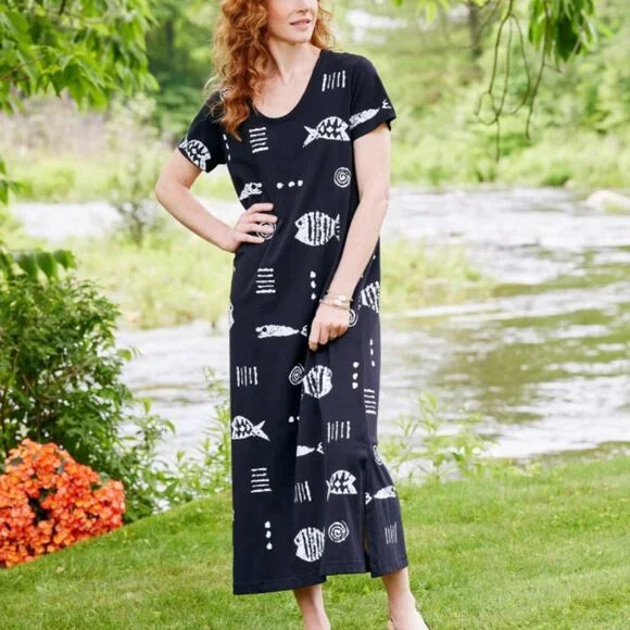 M.Mac Rock Fish Black Ankle Length Cotton Dress Size Small