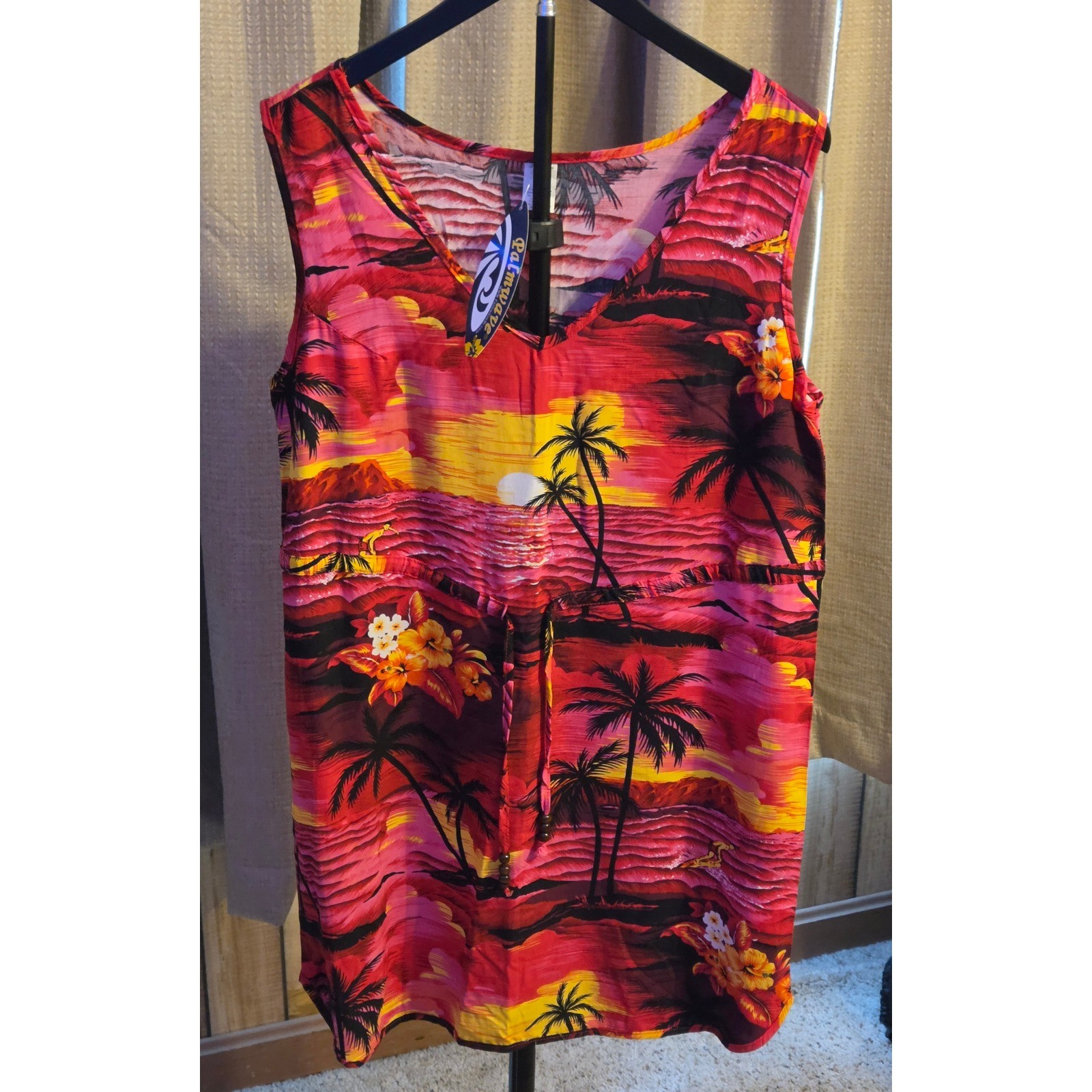 NWT Palmwave Sleeveless Hawaiian Print Dress Womens Size Large Drawstring Waist