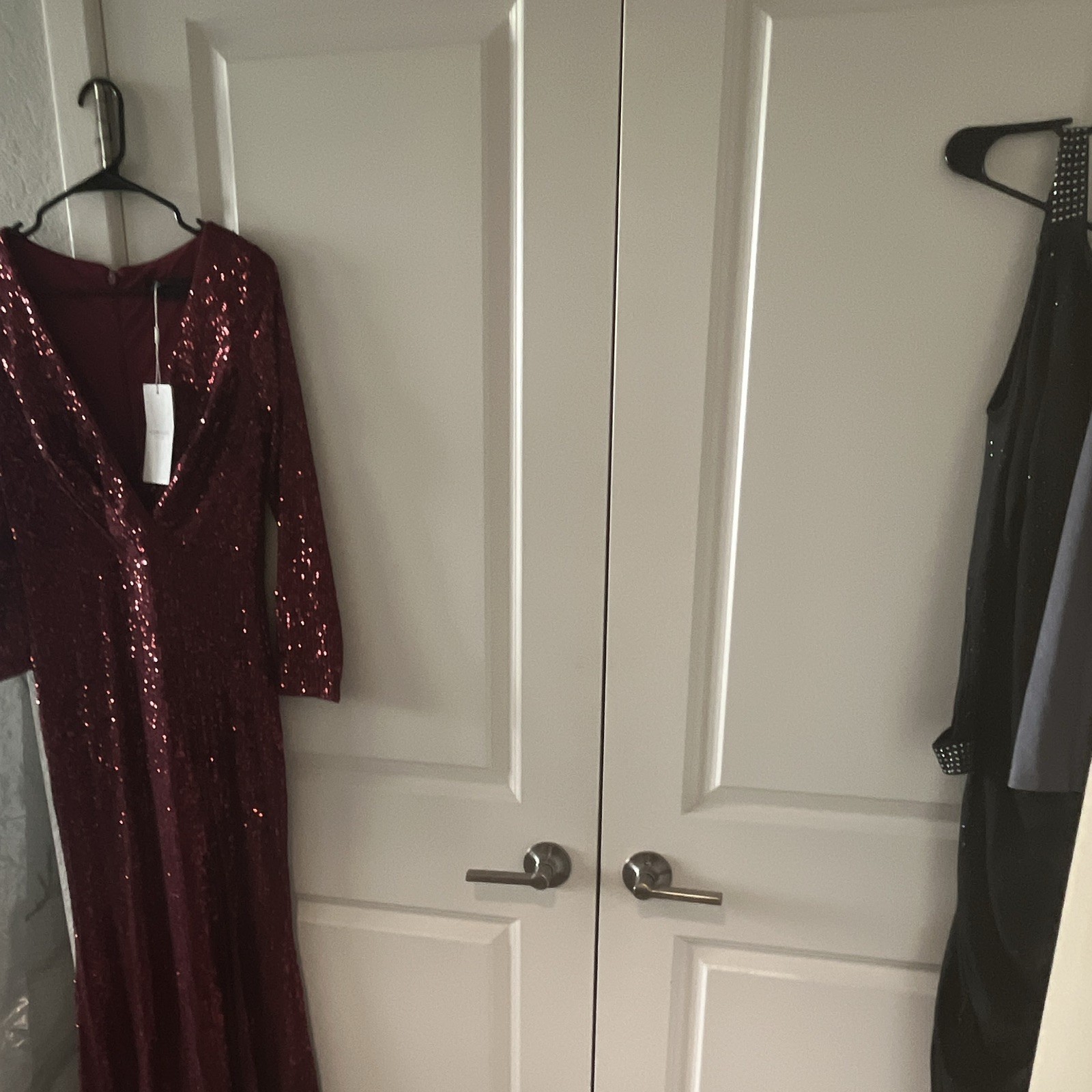 Ever-Pretty Burgundy Sequin V-Neck 3/4 Sleeve Maxi Dress Side Slit M