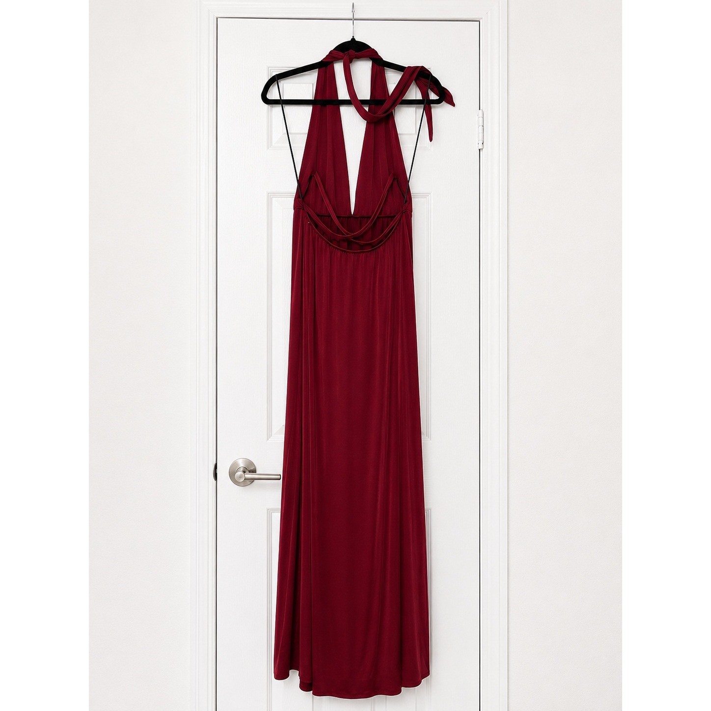 Windsor Burgundy Red Halter Maxi Dress Deep V-Neck High Slit Formal Gown NWT Med
