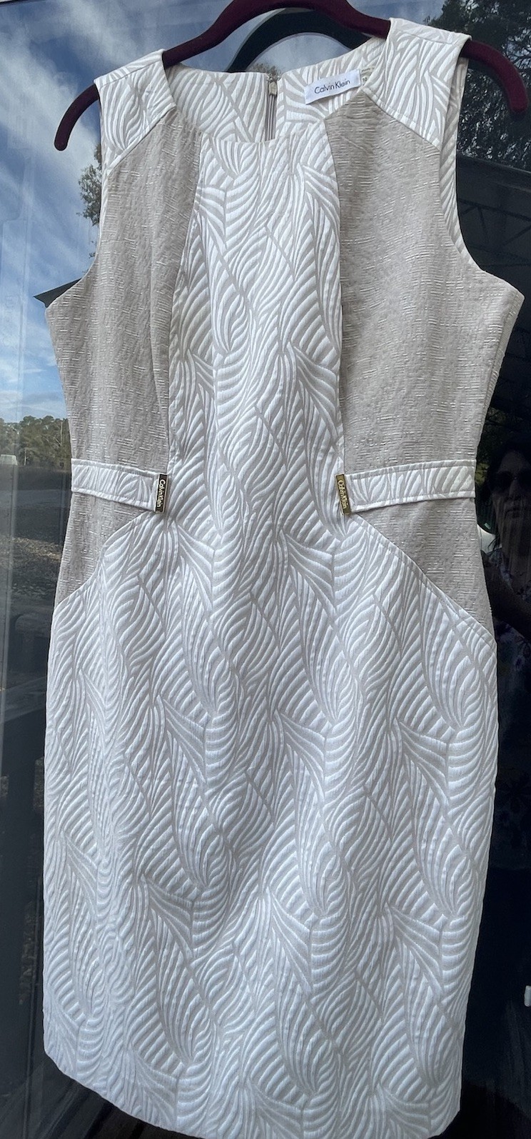 Calvin Klein Beige Cream Sheath Dress Sleeveless Slimming Lined Logo Dry Clean
