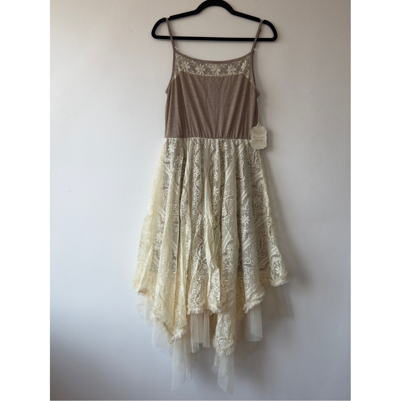 Altar’d State Soft Taupe Lace-Trim Top