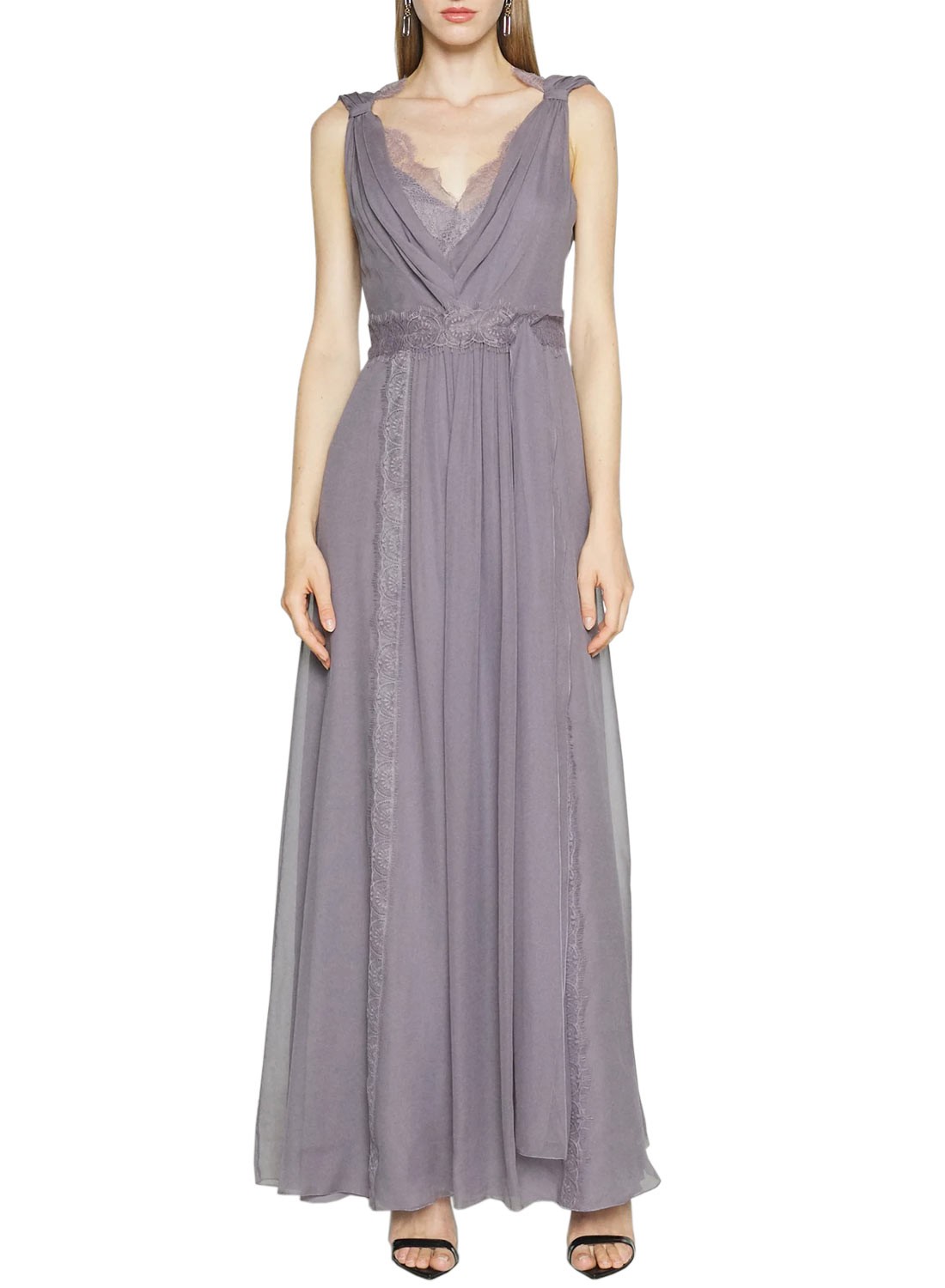 Alberta Ferretti Womens Lace Panel Silk V-Neck Dress US 8 Violet IT 44 NWT $2780