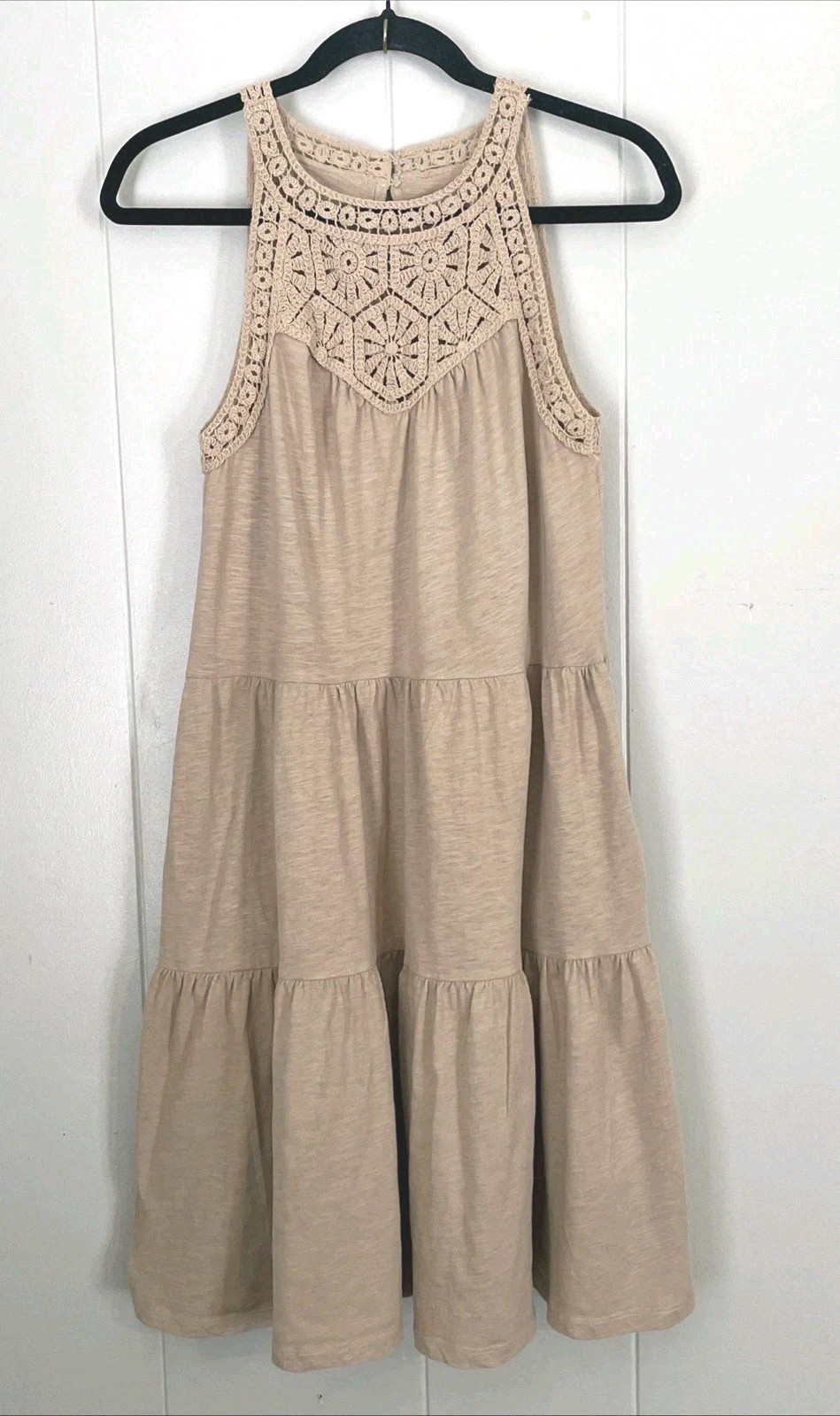 Time Tru Tiered Crochet Yoke Dress Size Small Brown