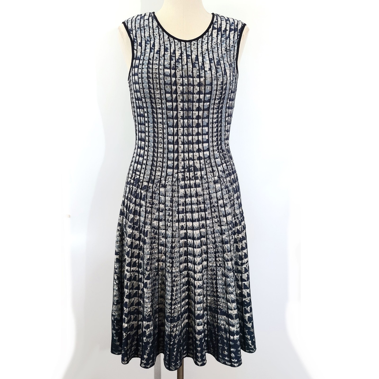 NIC+ZOE Blue Gray Black Stripe Geometric Ribbed Knit Sleeveless Dress Small