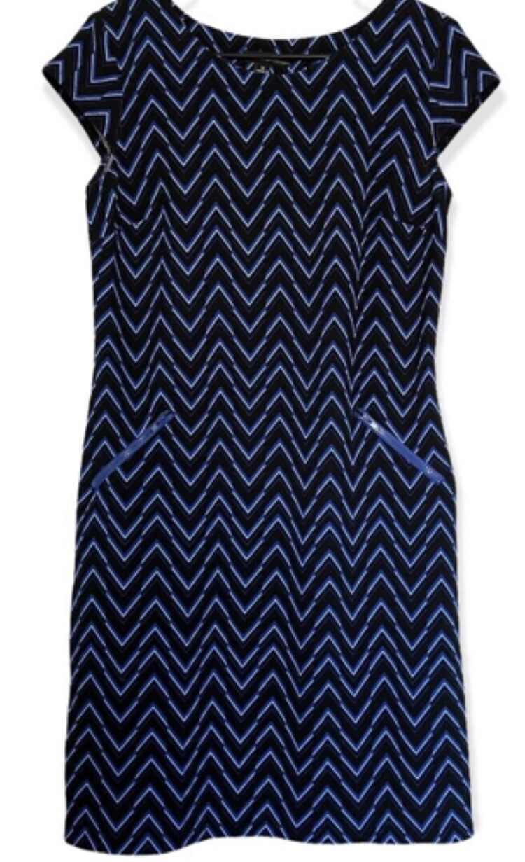 NWT Madison Leigh Black Cobalt Blue Chevron shift dress cap sleeve size 16 $70