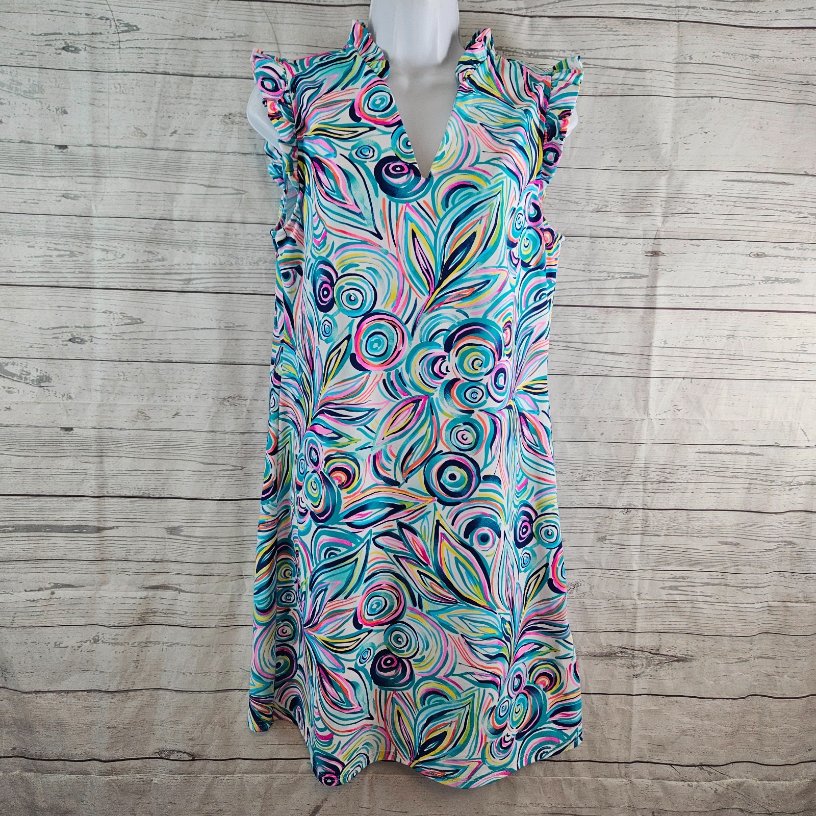 Aryeh Womens Printed Dress Sz Medium Blue Pink Sleeveless