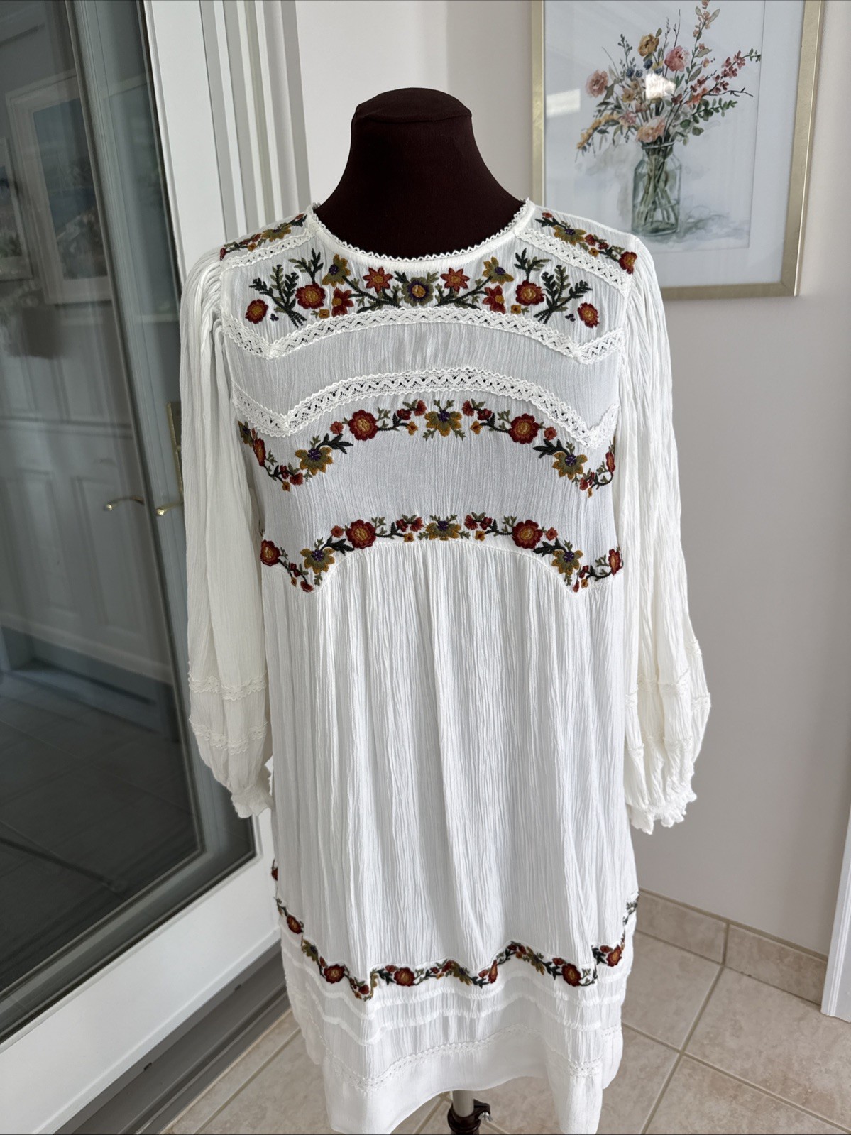 Free The People Dress Size S/P. Ivory Embroidered. Folk