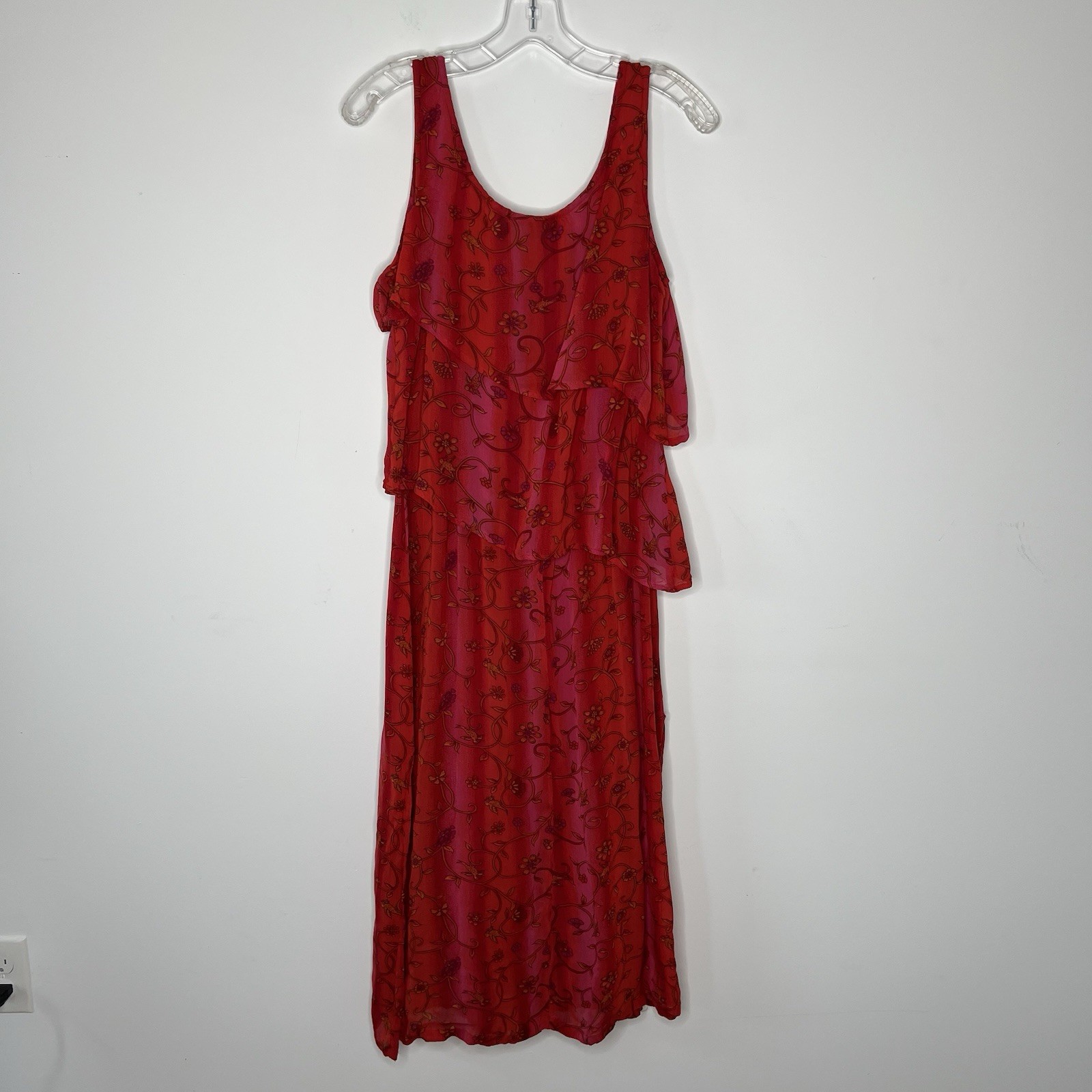 Sacred Threads Dress Womens M/L Red Chiffon Floral Boho Layered Festival India