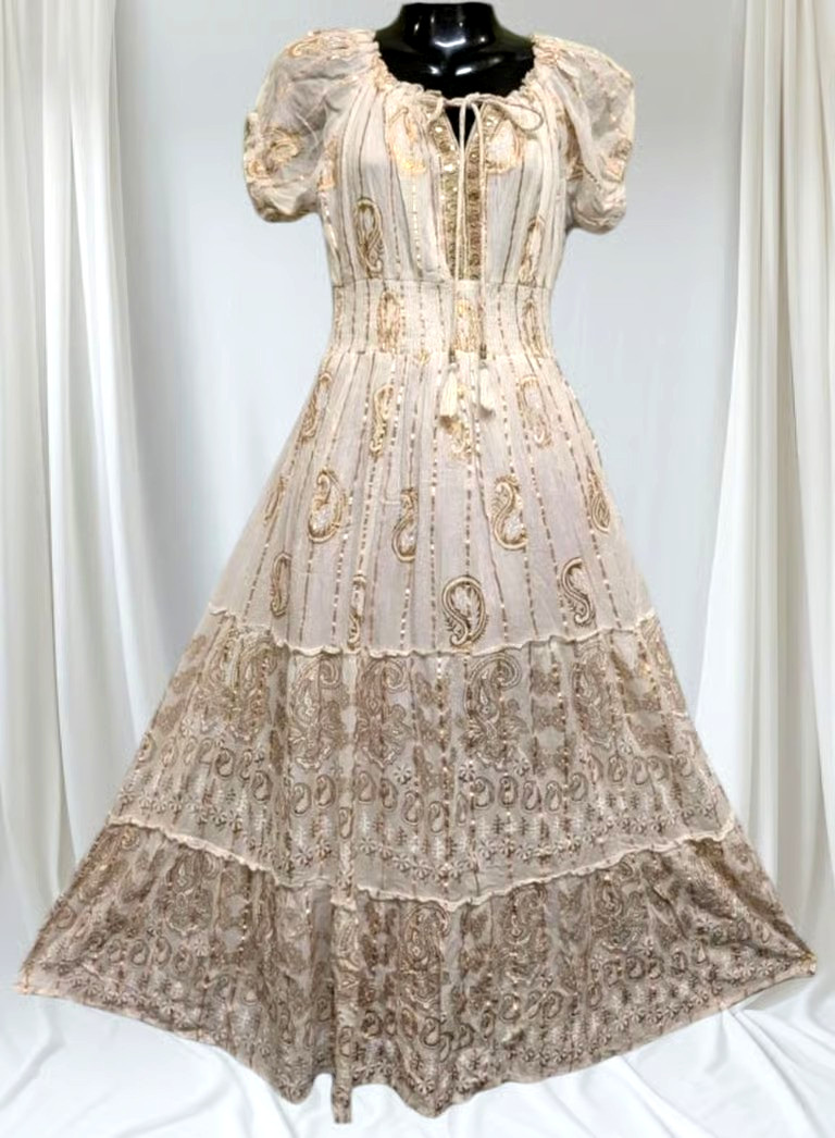 NWT Me 2 Magic Anthropologie Ivory Gold Metallic Sequin Tiered Maxi Dress 1X 2X
