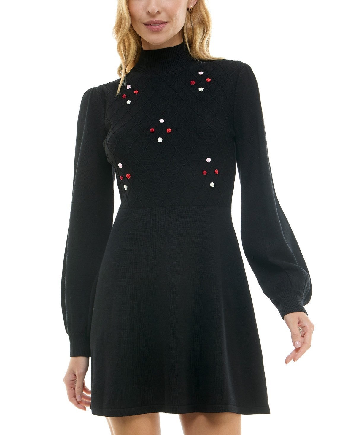 Crystal Doll Juniors’ Rosette Turtleneck Blouson-Sleeve Sweater Dress MSRP $69
