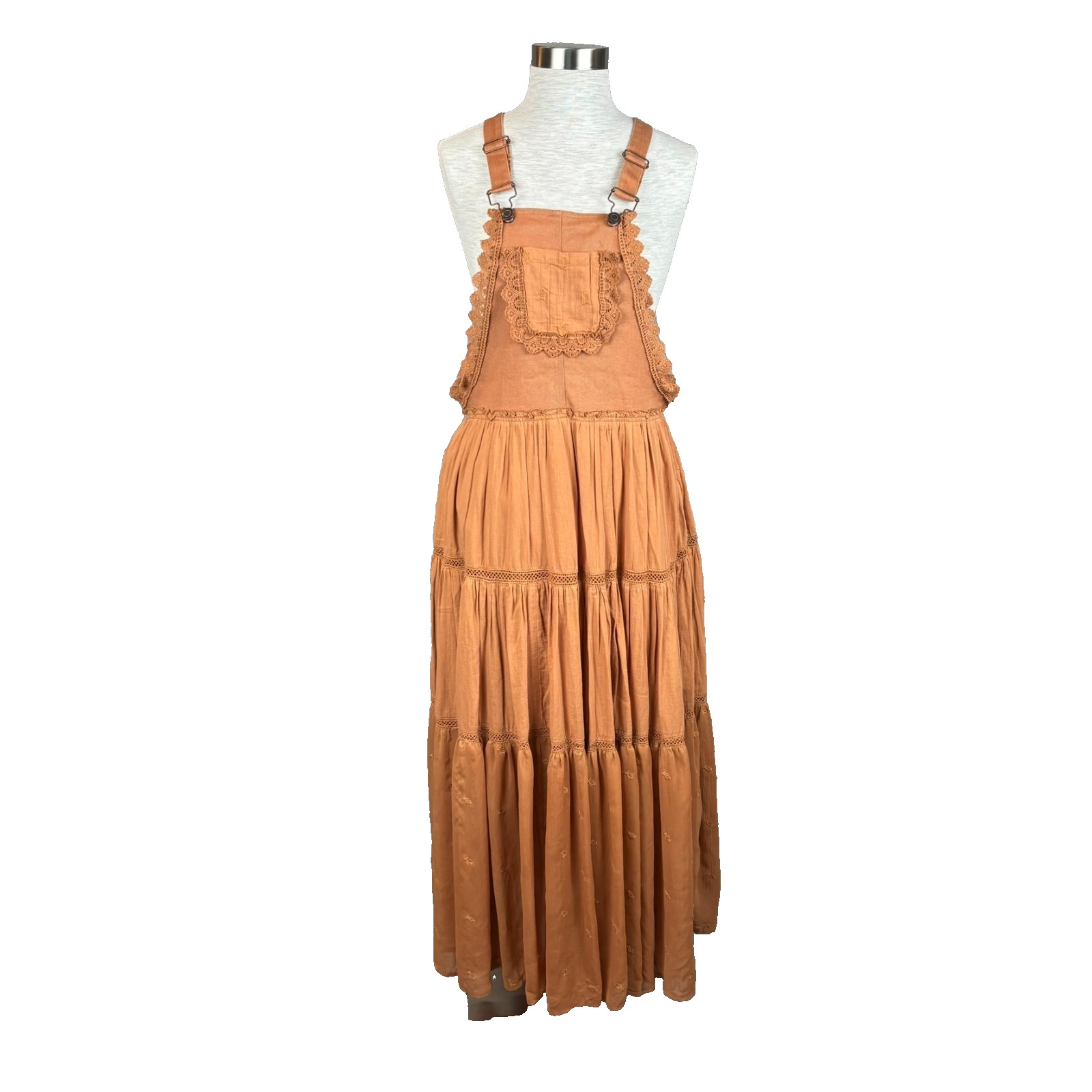 In Loom Tiered Maxi Dress Brown Womens Small Boho Prairie Overall Cottagecore