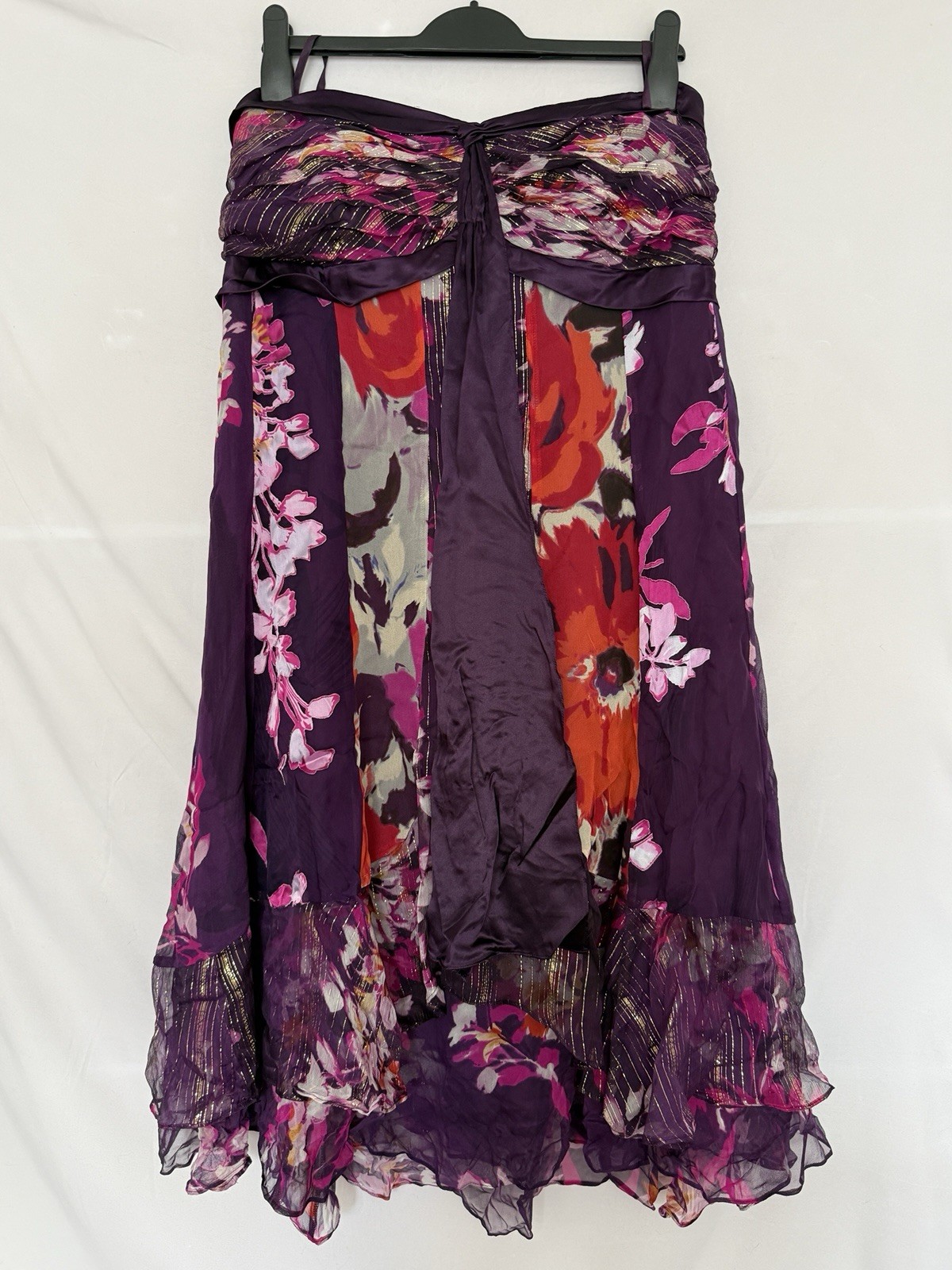 Monsoon Silk Blend Floral Strapless Tiered Maxi Dress Purple Pink Gold Size 18