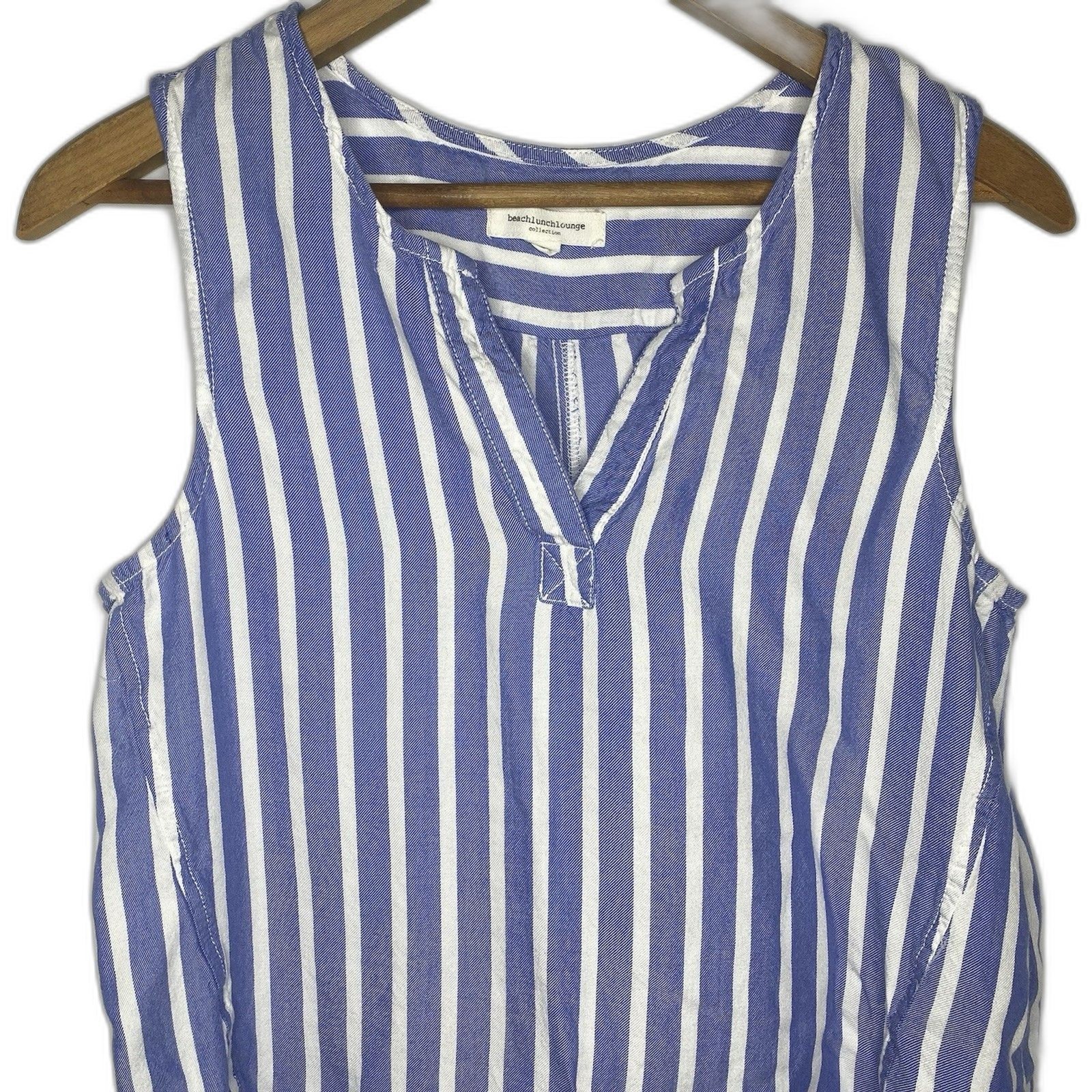 Beach Lunch Lounge Sleeveless Mini Dress Womens S Striped V-Neck Coverup Blue