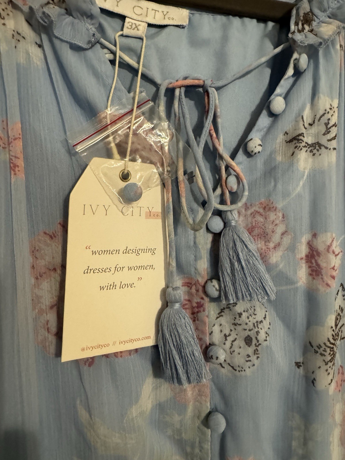 Ivy City Co. Plus 3X Blue Pink White Floral V-Neck Chiffon Midi A-Line Dress