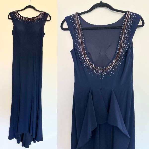 Xscape Beaded Ruffle Trumpet Hem Gown Navy Blue Mother of Bride Plunge Women’s 6