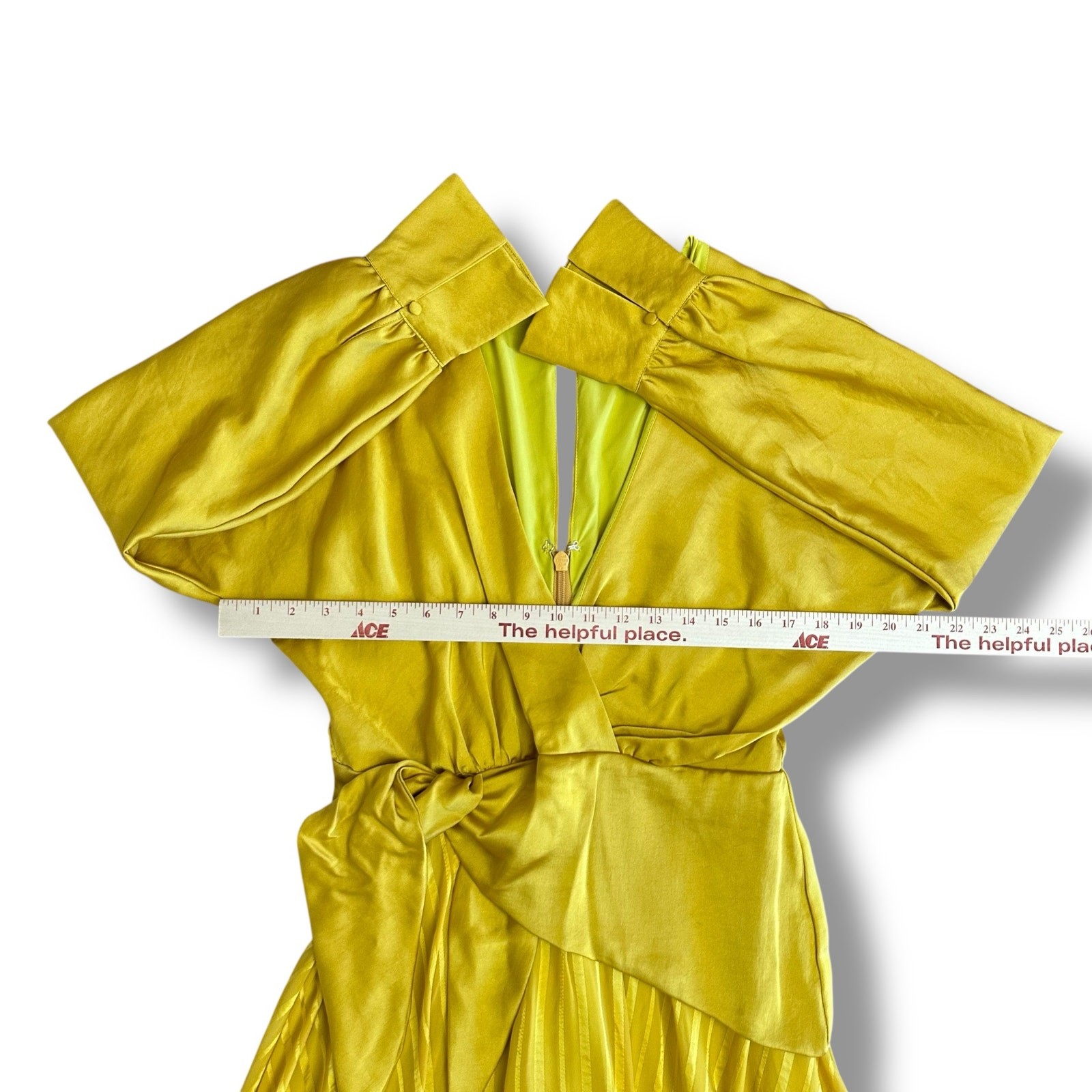 Chartreuse Pleated Wrap Dress Long Sleeve Asym Hem Midi Yellow Women
