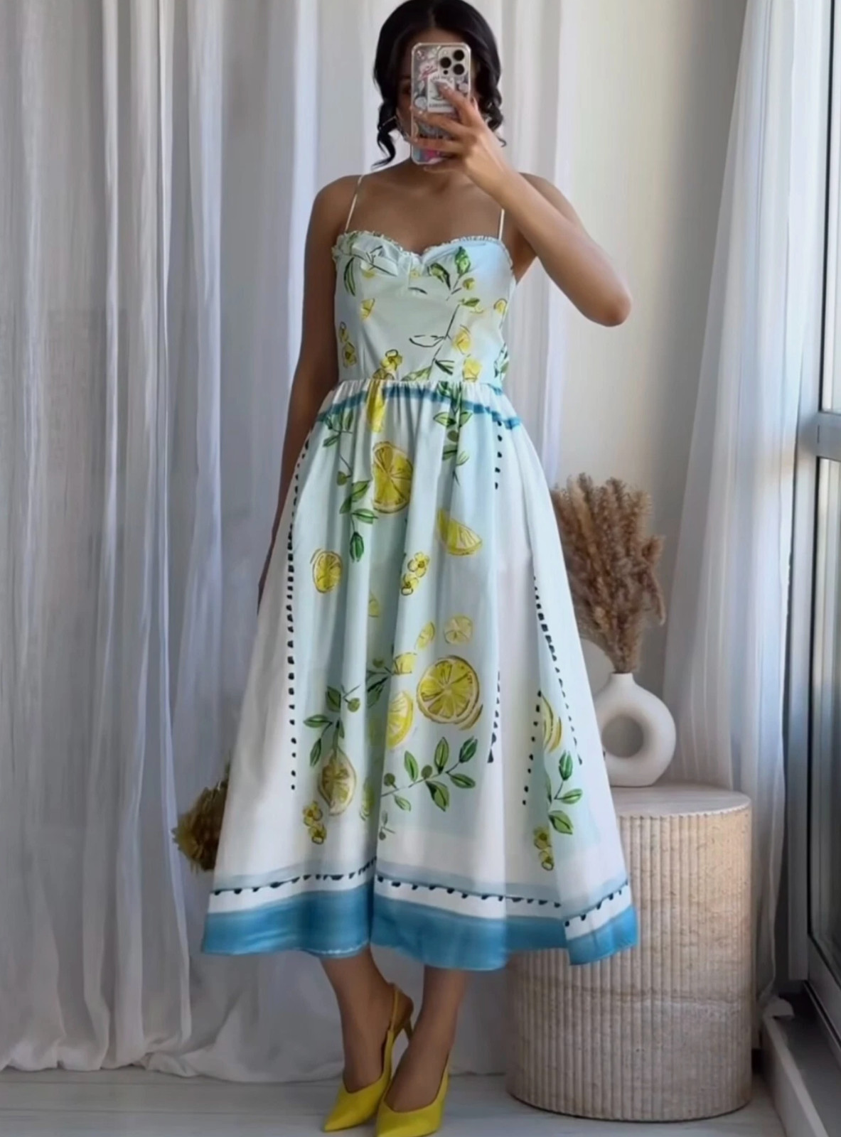 ZARA Lemon Print Poplin Midi Dress Size L Holiday Summer 3454/347
