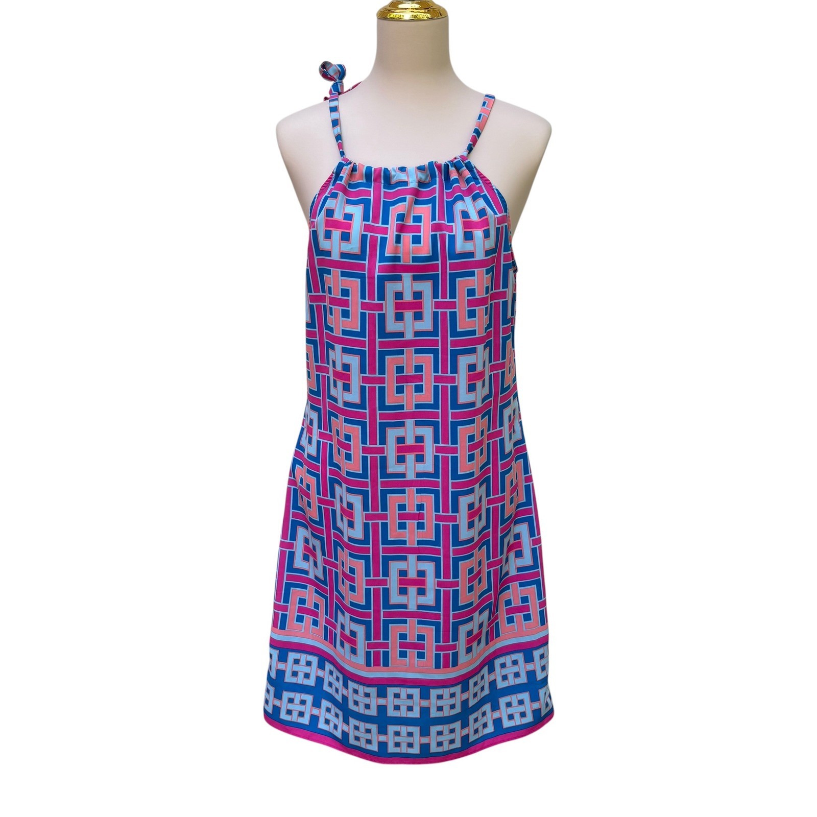 Crown & Ivy Halter Shift Dress M Pink Geometric Greek Key Vacation Mod Retro