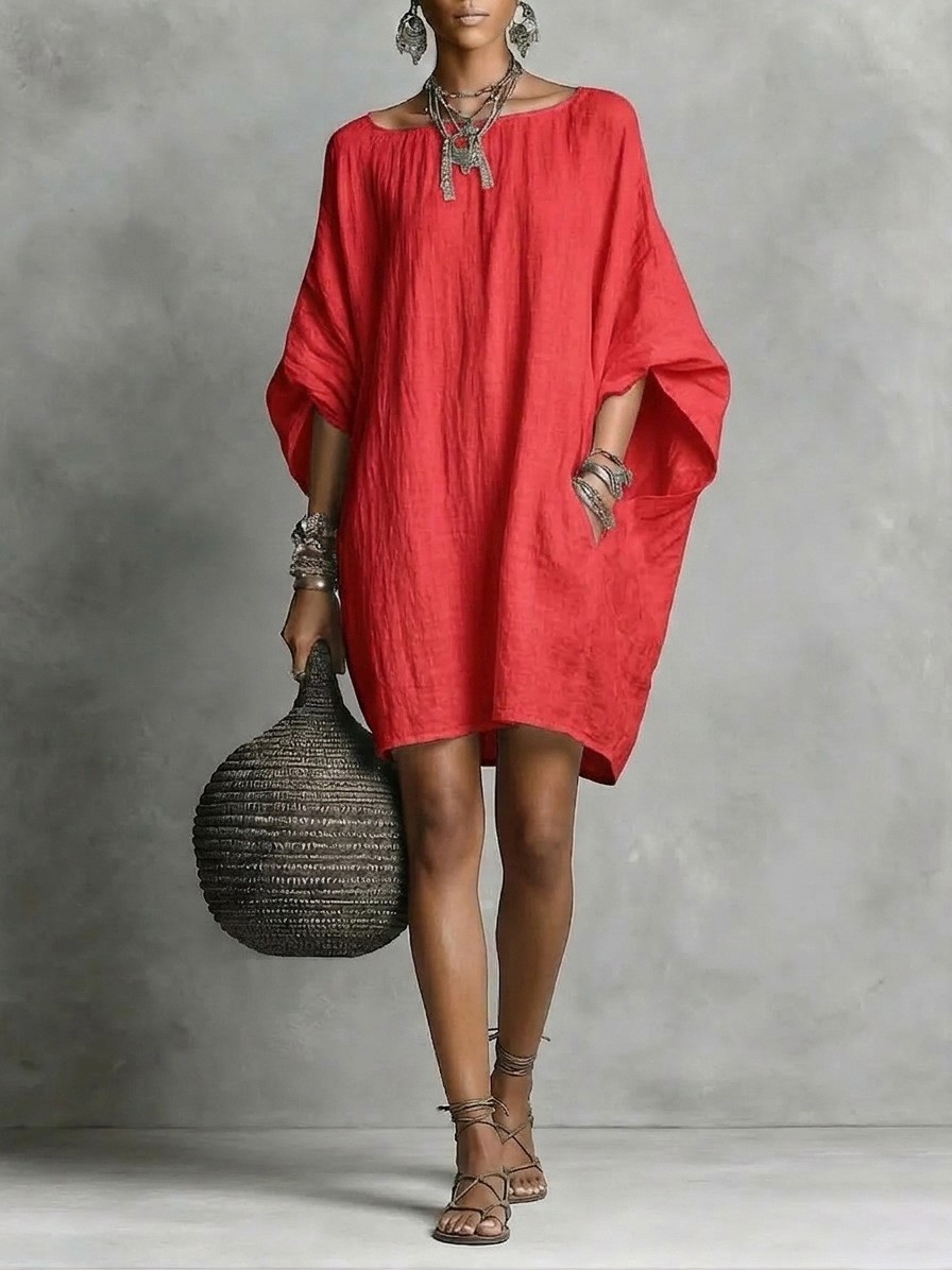 Retro solid color temperament long sleeved off shoulder casual cotton linen dres
