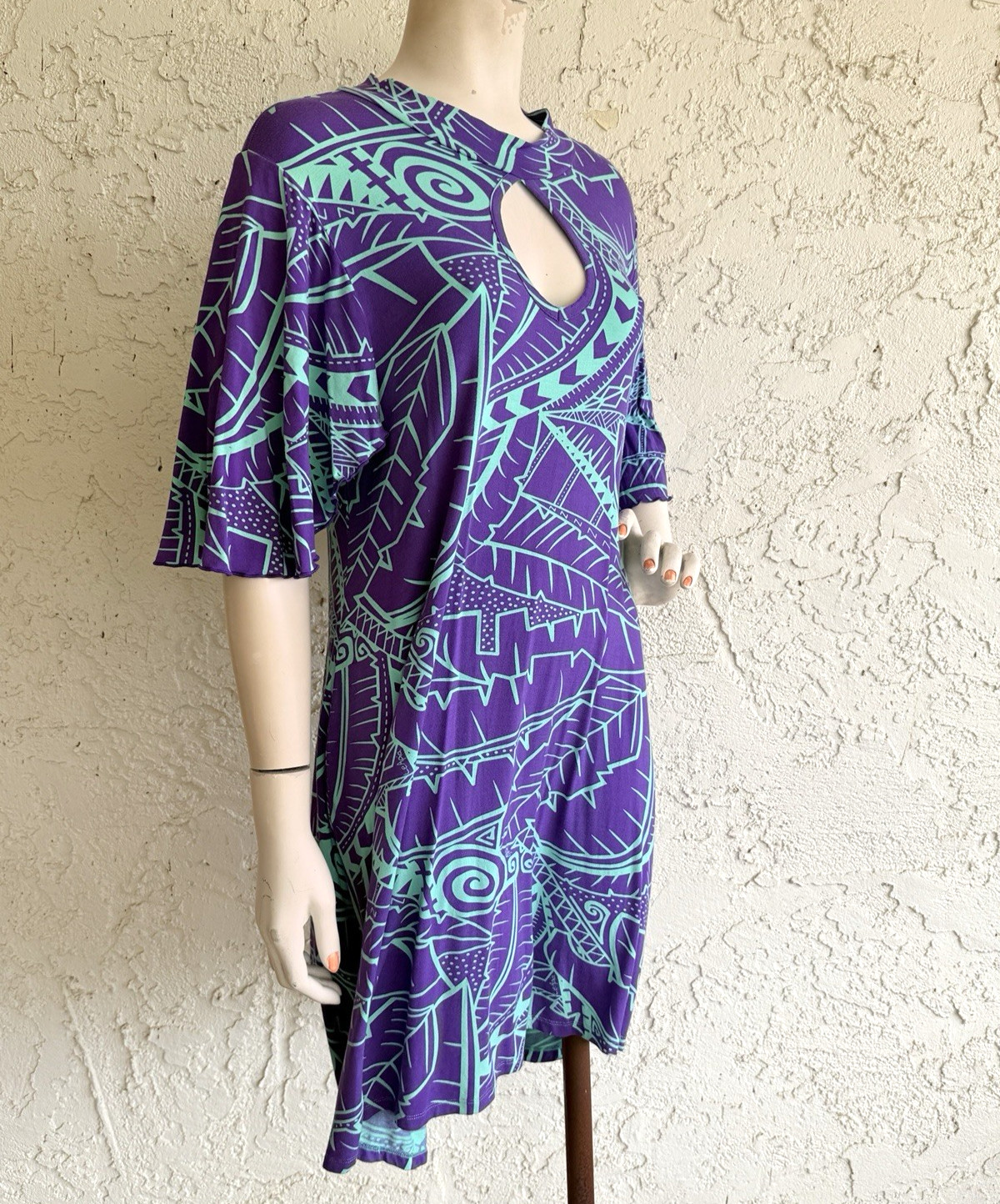 MISSING POLYNESIA Dress Purple Hawaiian Aloha Art Print Jersey Tunic Size 2 L XL