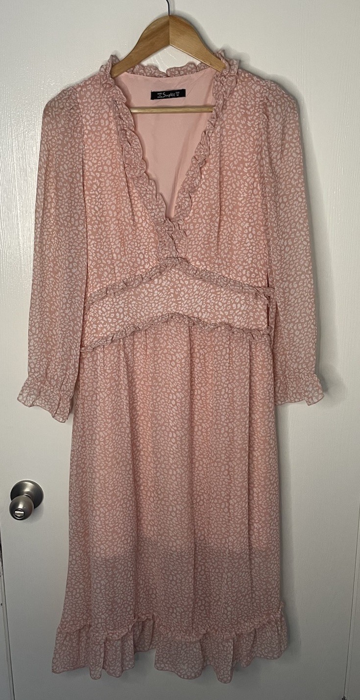 Simplee Women’s Pink Ruffle Midi Dress Size M Cottagecore Boho Long Sleeve