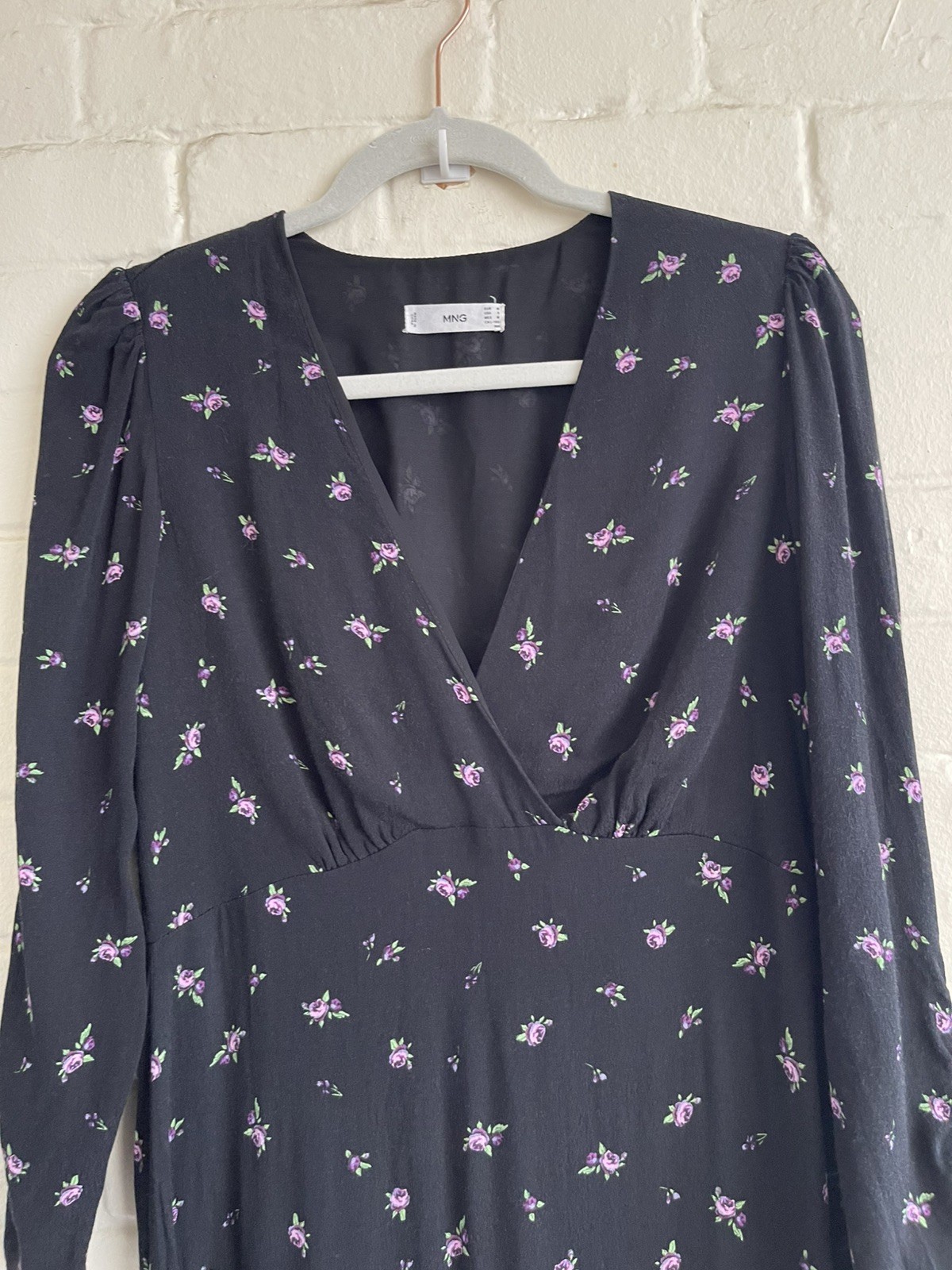 Mango MNG Black & Purple Floral Midi Dress M 3/4 Sleeve Viscose Dress Women’s