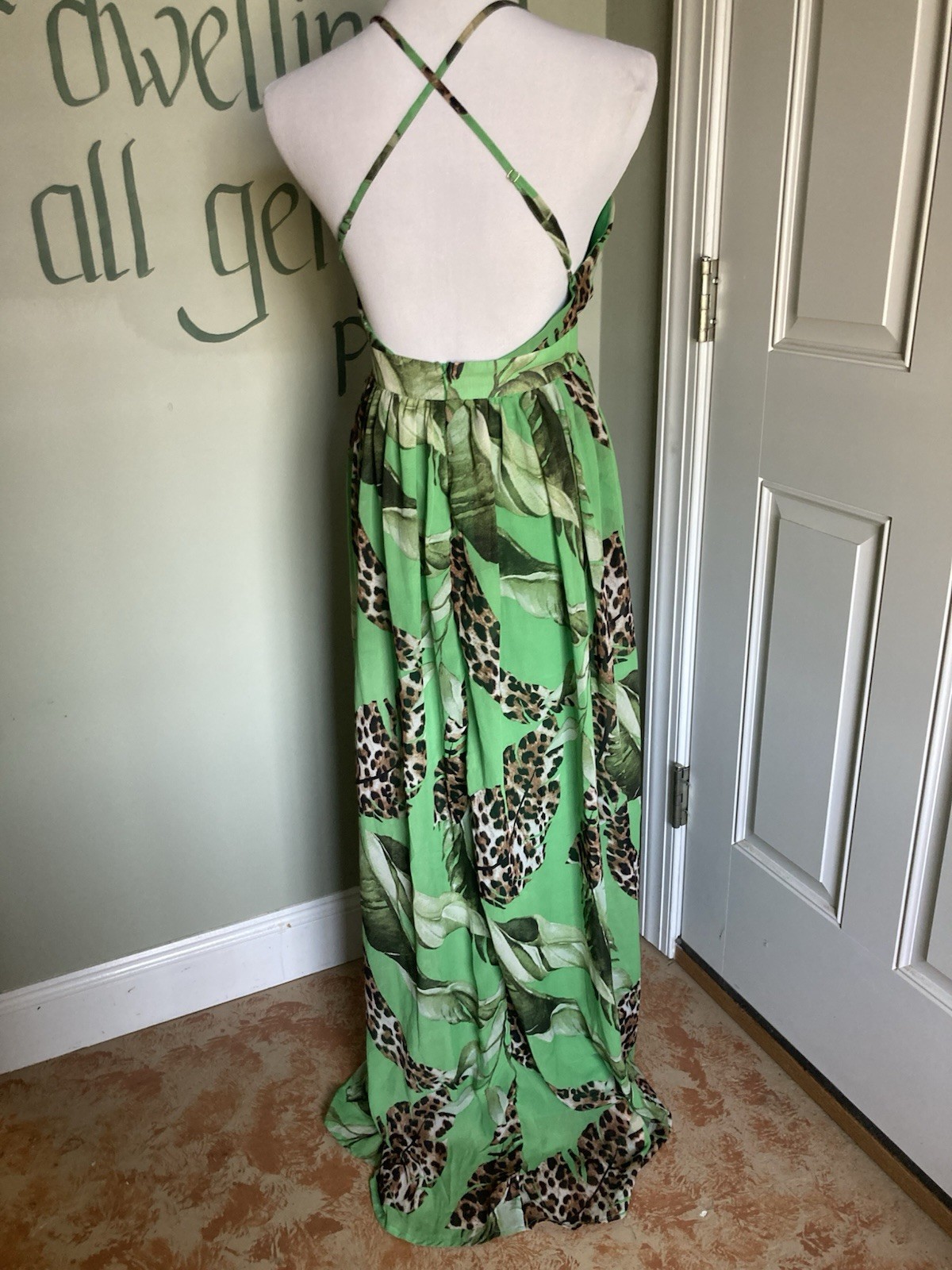 S Strappy Halter Green Leaf Long Maxi Sun Dress Knee-slit Versatile V-neck Lined