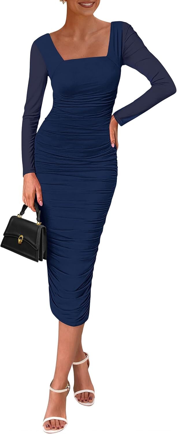 Women’s Ruched Bodycon Midi Dress Long Sleeve Square Neck Cocktail Party Outfit