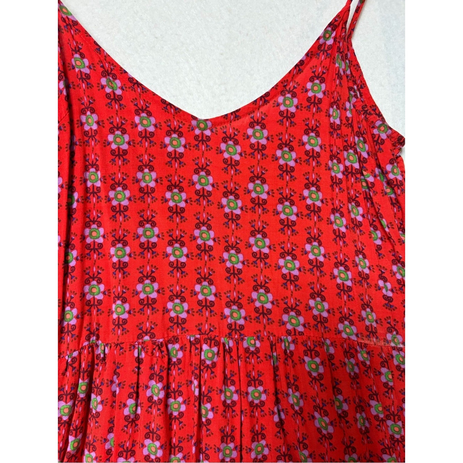 Live Happy by Natural Life Red Boho Floral Tiered Swing Sundress Size XS/S