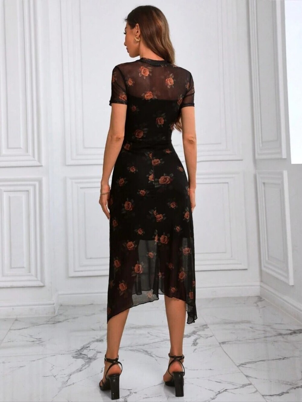 New Goth Dark Womens Sheer Mesh Floral Asymmetric Whimsigoth Midi Dress XL