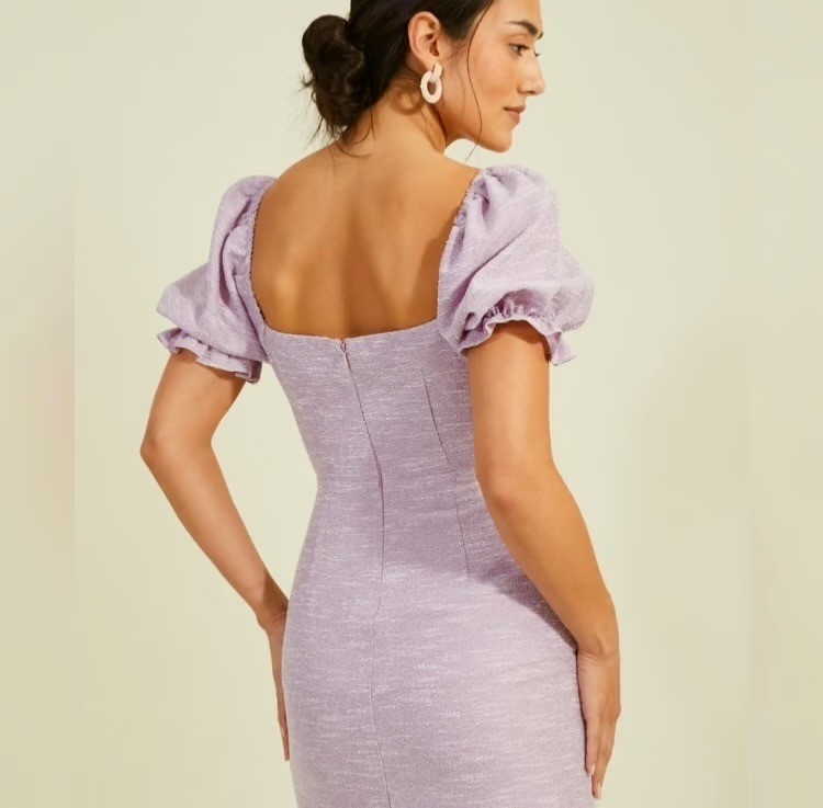 ALTAR’D STATE Tweed Knit Mini Dress Sz S Lilac Purple Sweetheart Neck Puff Sleev