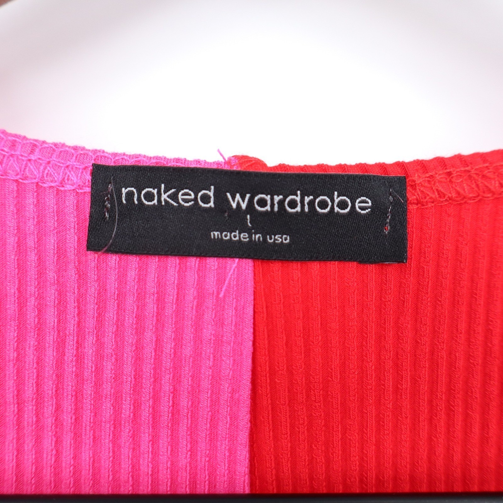 Naked Wardrobe Pink Red Colorblock Ribbed Midi Bodycon Dress Womens L