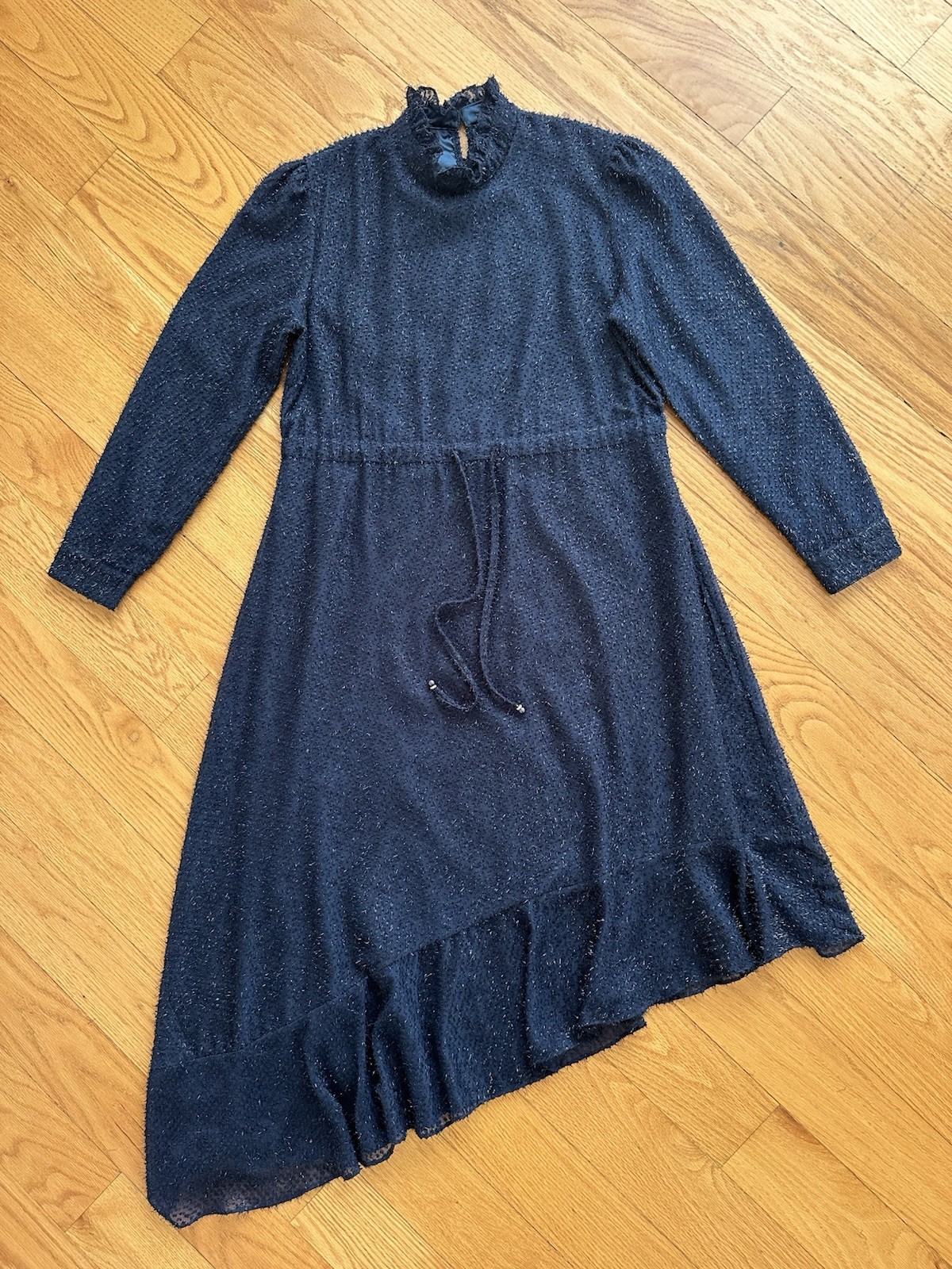Asymmetrical Tinsel Ruffle Stand Collar Dress Navy Size 10