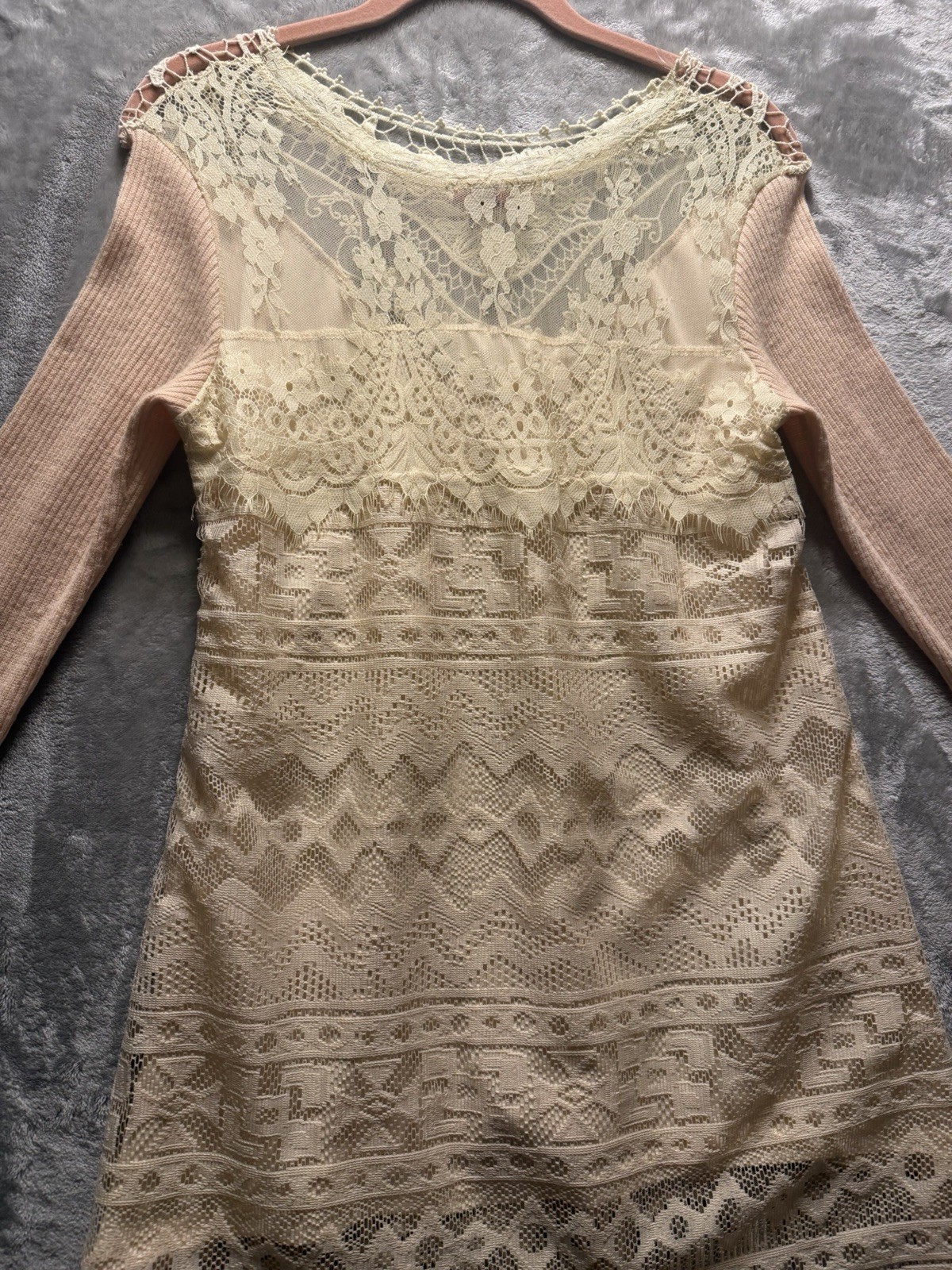 Scully Dress Womens S Beige Western Fringe Boho Crochet Lace Tunic Tribal Lined