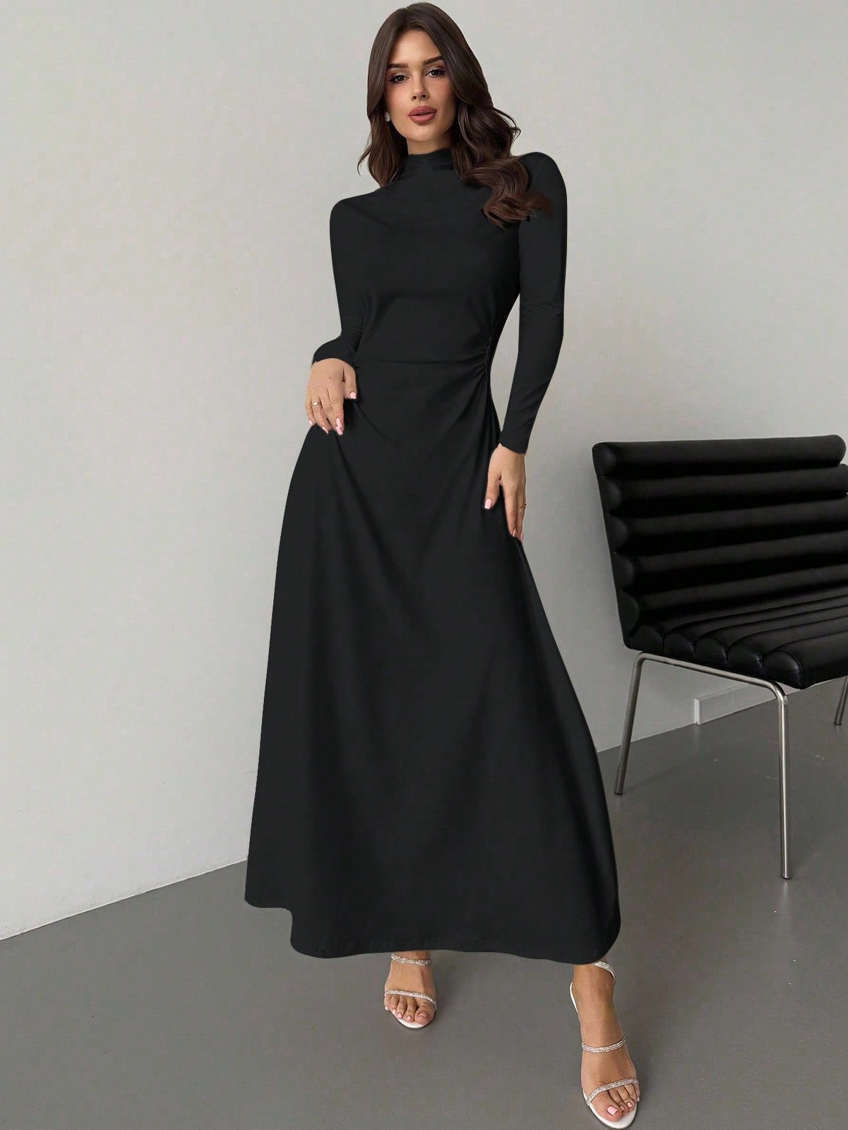 Elegant Women’s A Line Stand Collar Maxi Dress