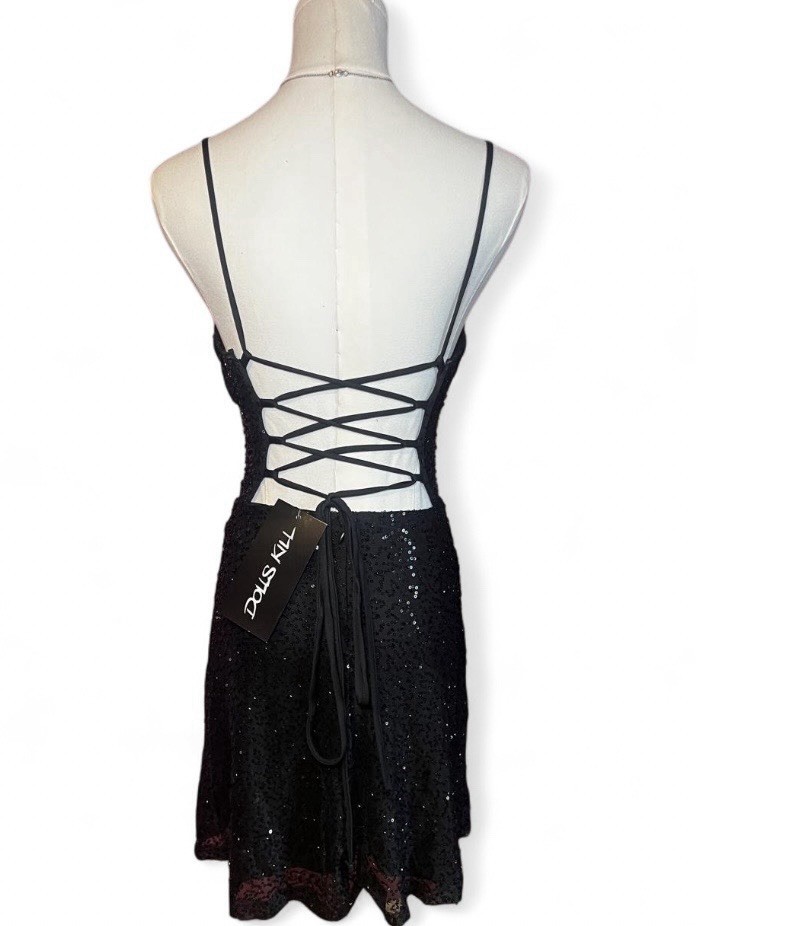 Dolls Kill Lovesome Shine Brightly Black Sequin Lace Up Mini Dress NWT Small