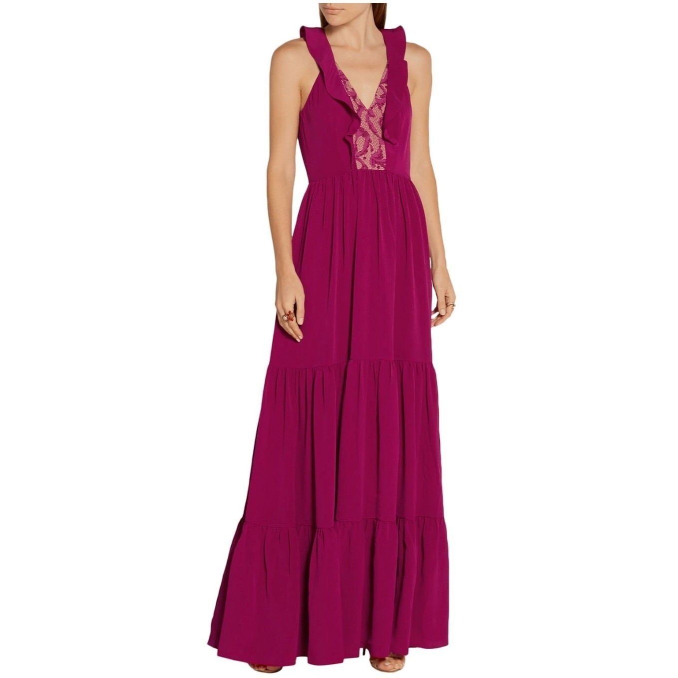 SALONI Suzi Berry Crinkle Crepe Lace Maxi Dress Size 6 NWT