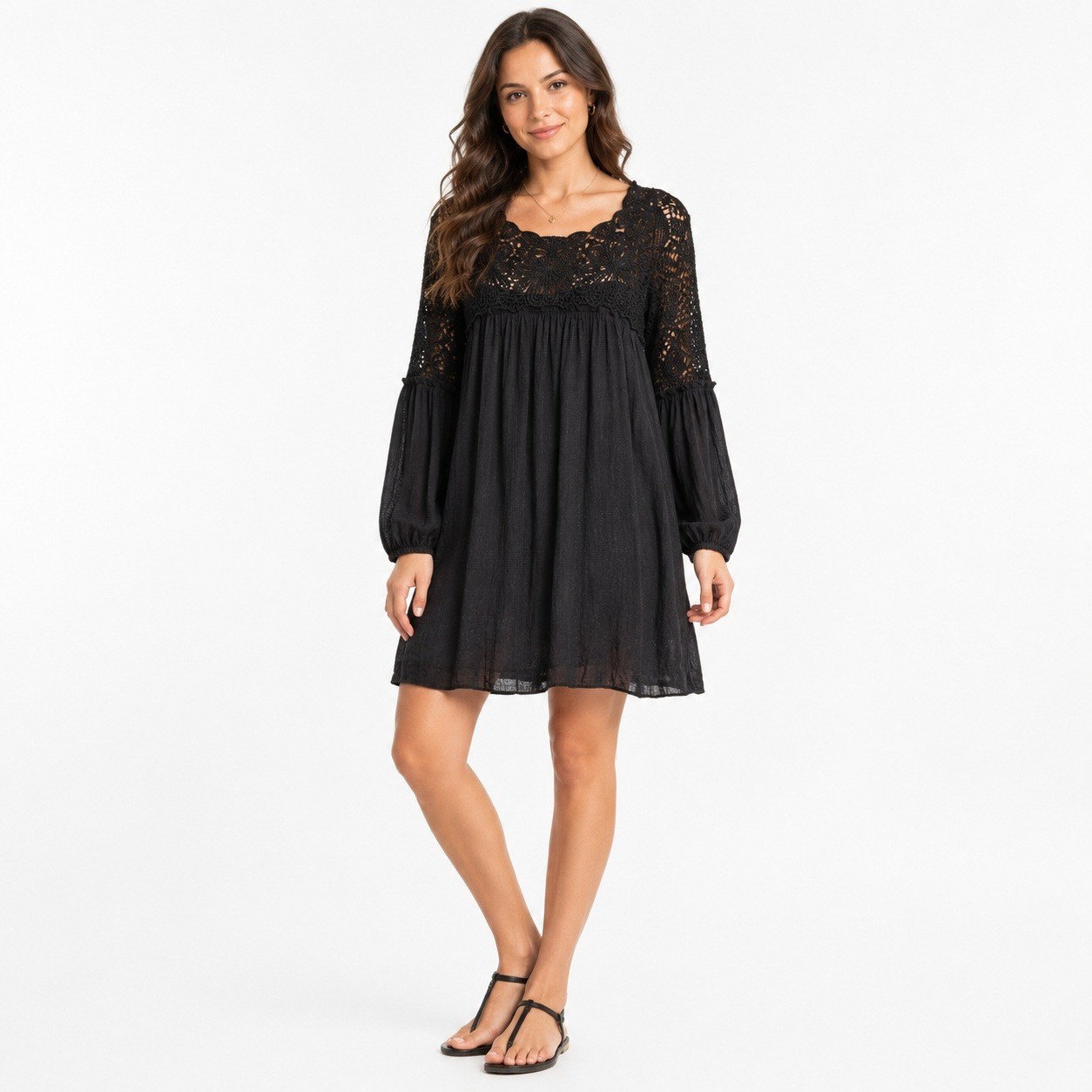 Kings Road Black Crochet Lace Babydoll Dress Boho Gothic M