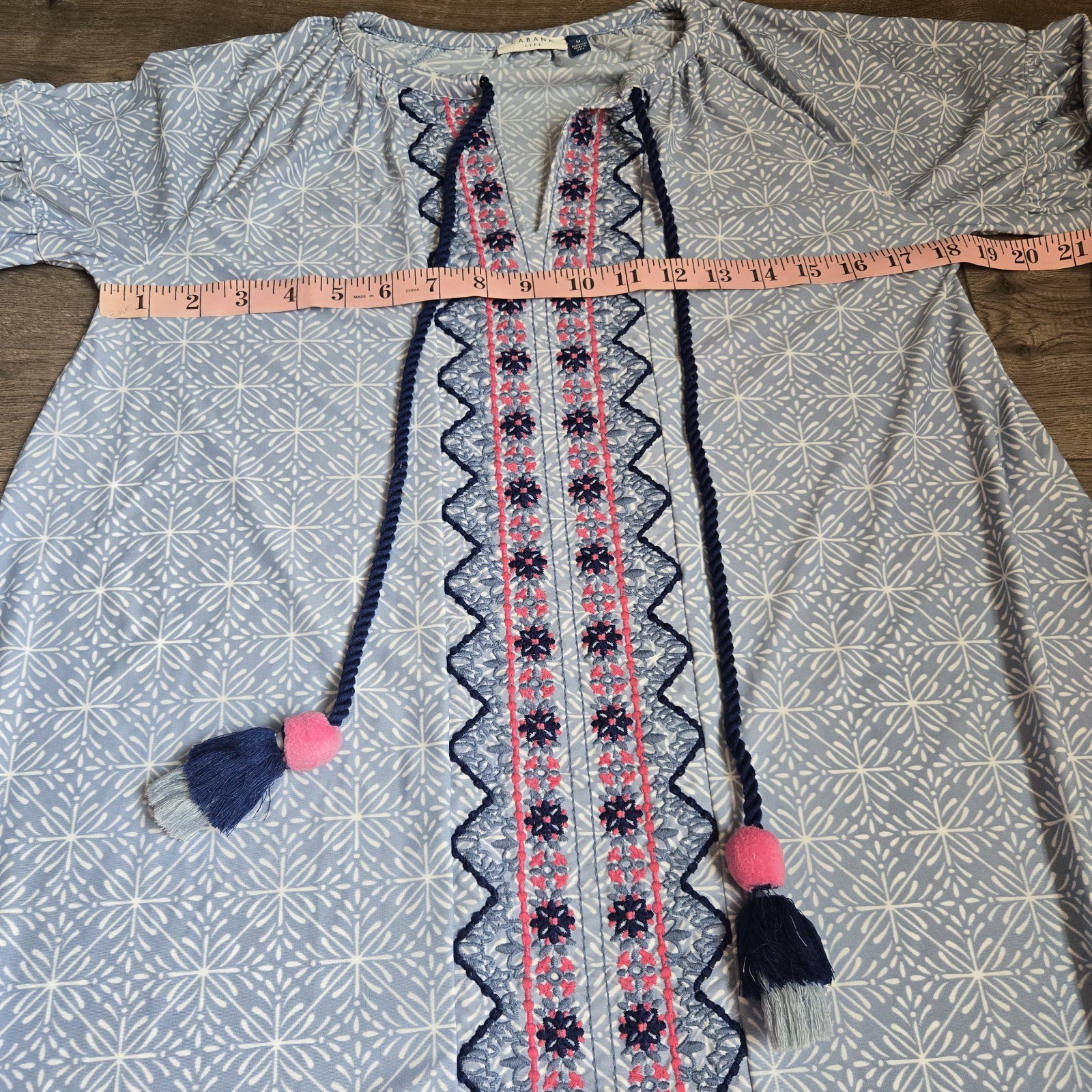 Cabana Life Embroidered Geometric Tassel UPF Dress Cover-Up Blue Pink Medium M