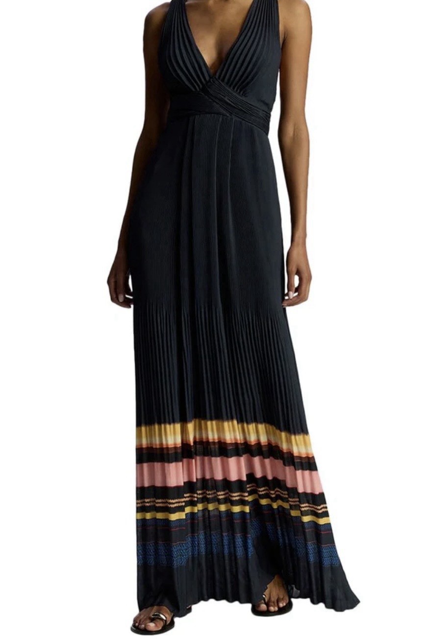 A.L.C. Black Pleated V-Neck Cross Strap Striped Maxi Dress Polyester Size 0