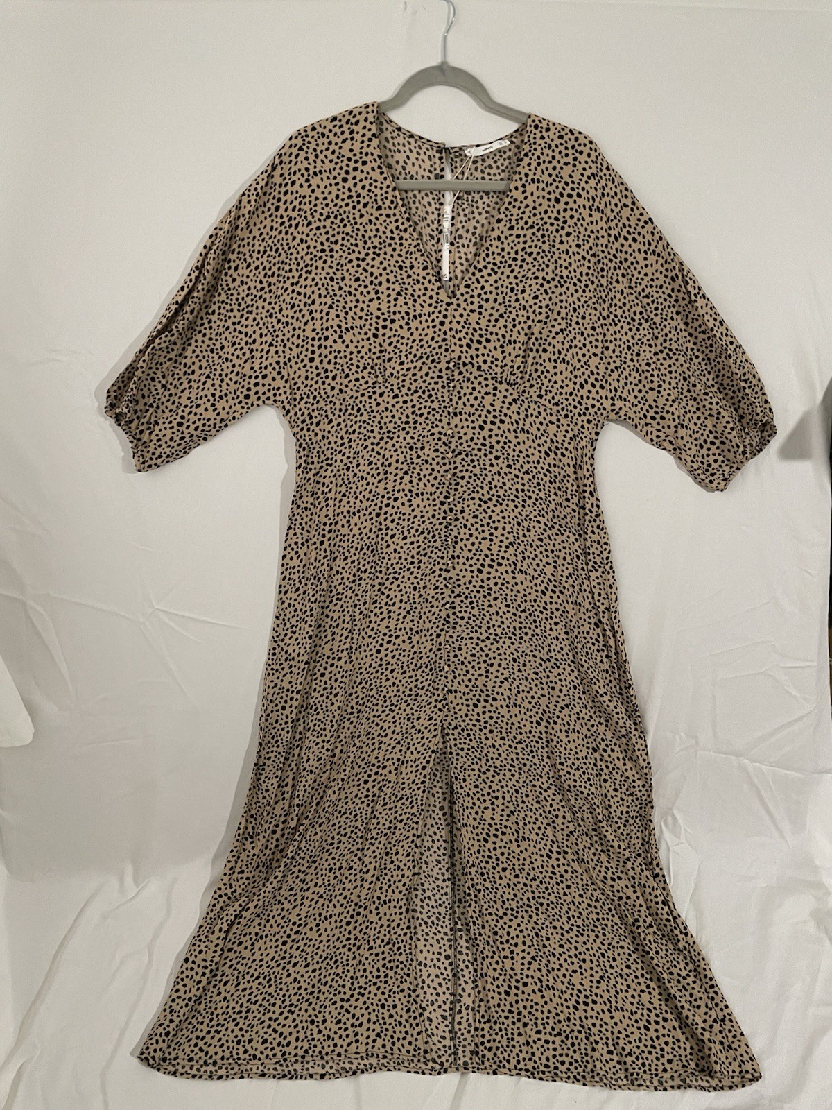 MNG Beige/Black Leopard Print V-Neck Maxi Dress 3/4 Sleeve XL