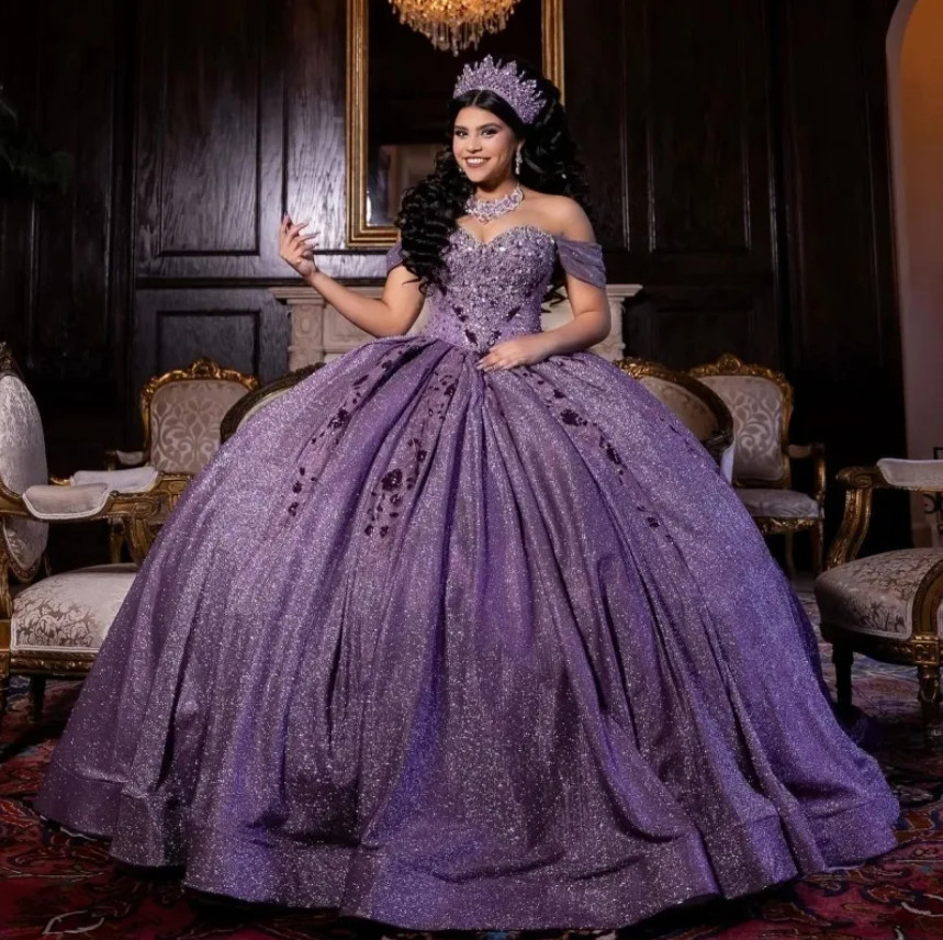 Purple Shiny Ball Gown Quinceanera Dresses Glitter Lace Applique Beading Crystal