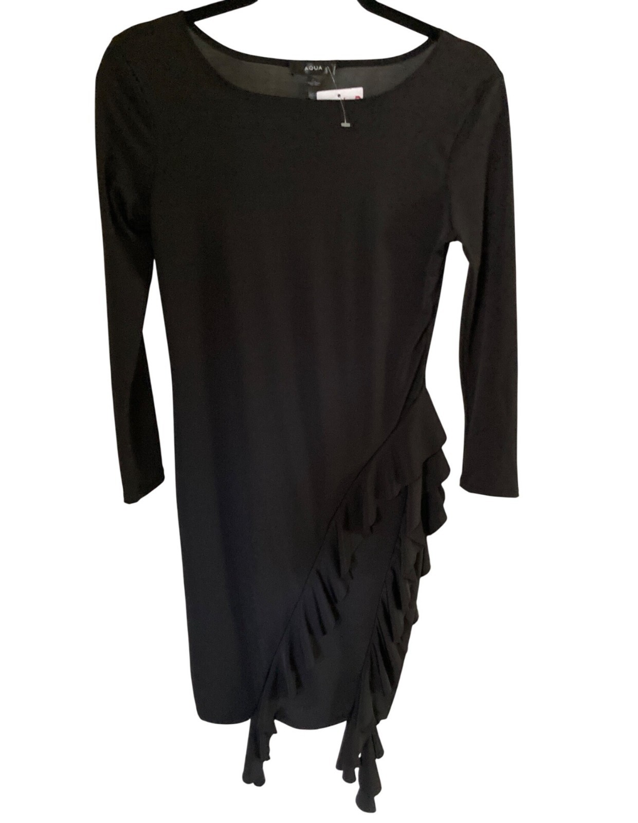 Aqua Dress Black Jersey Style Short /4 Sleeve Ruffle Across Hip Small NWT