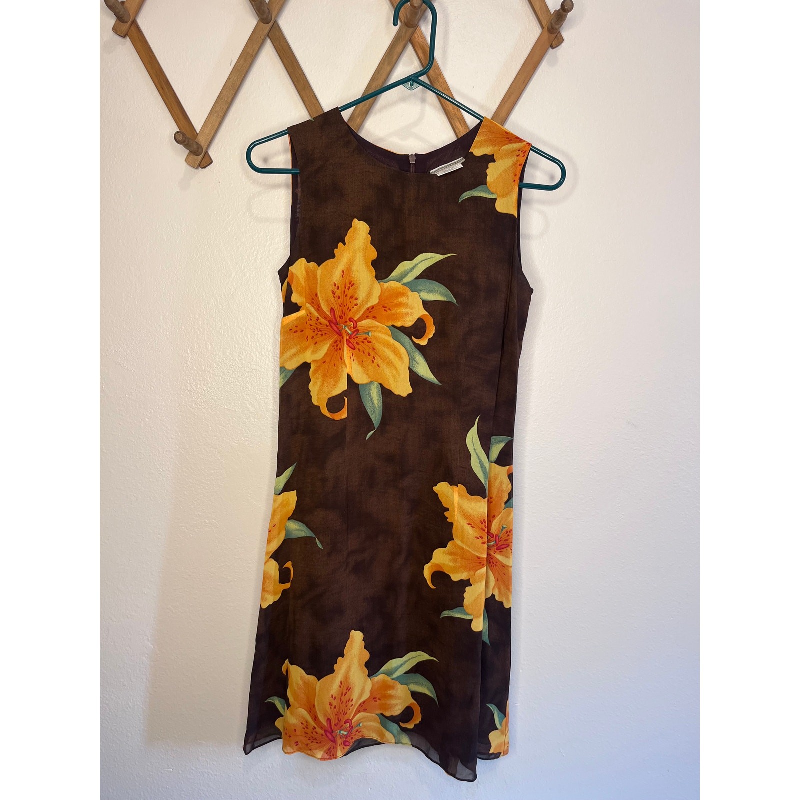 Vintage Coldwater Creek Brown Yellow Lily Floral Rayon Mini Dress Womens 0 USA
