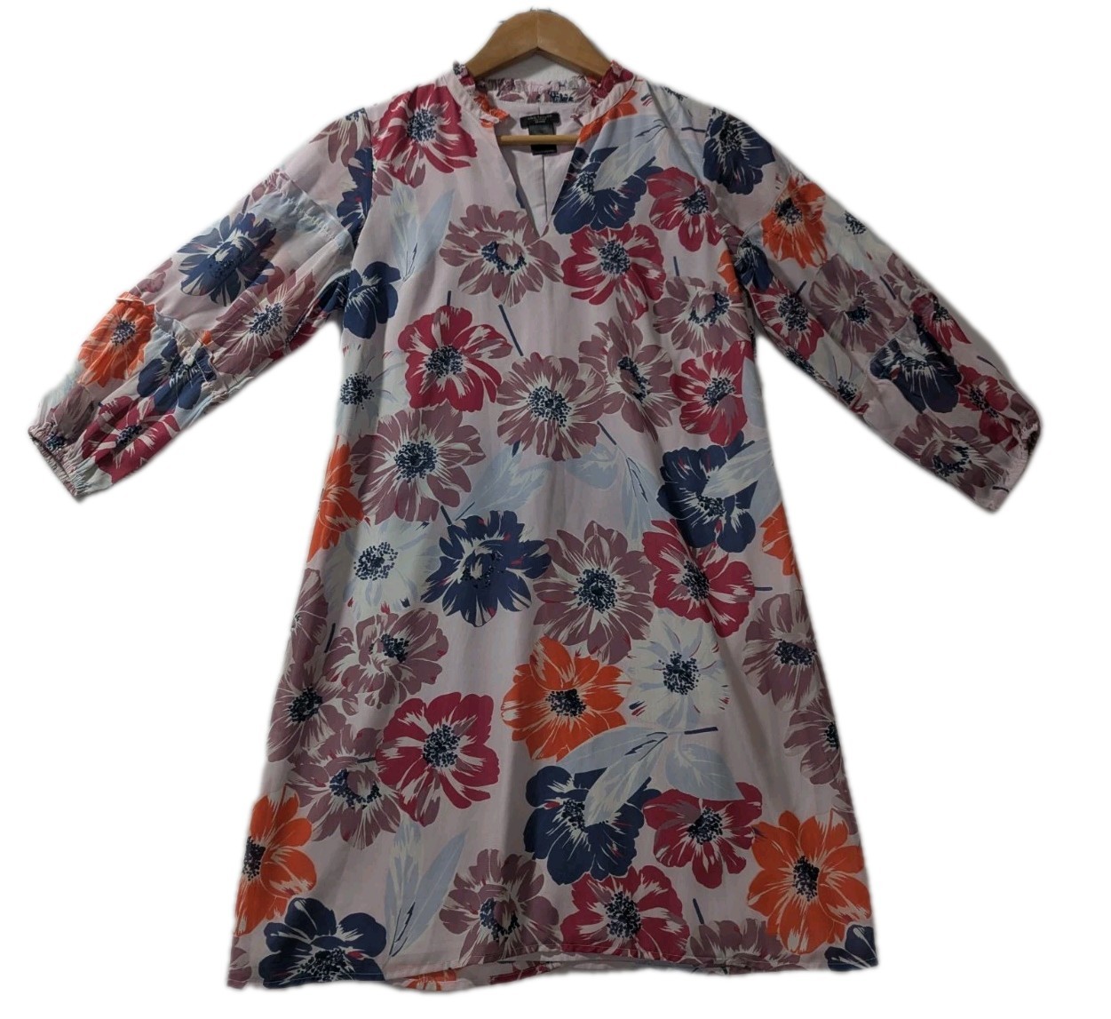 Ann Taylor Factory Petite XSP Floral Chiffon Shift Dress Pink Blue Long Sleeve