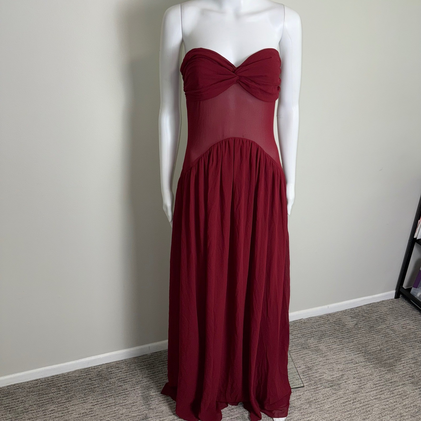 Commense Burgundy Chiffon Strapless Maxi Dress Formal Gown Elegant Party M US 6